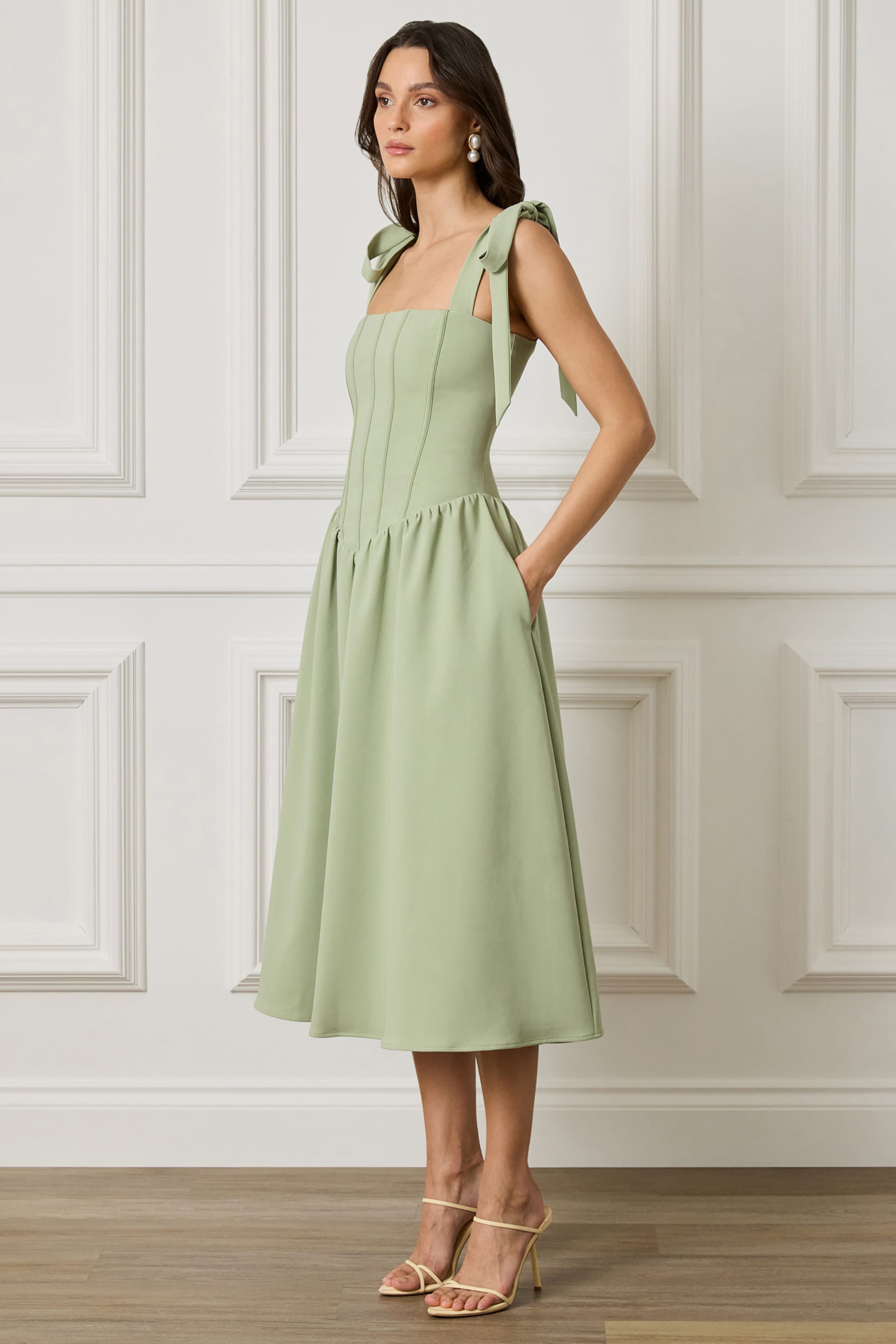 BLOSSOM Tie Shoulder Corset Midi Dress In Sage Green
