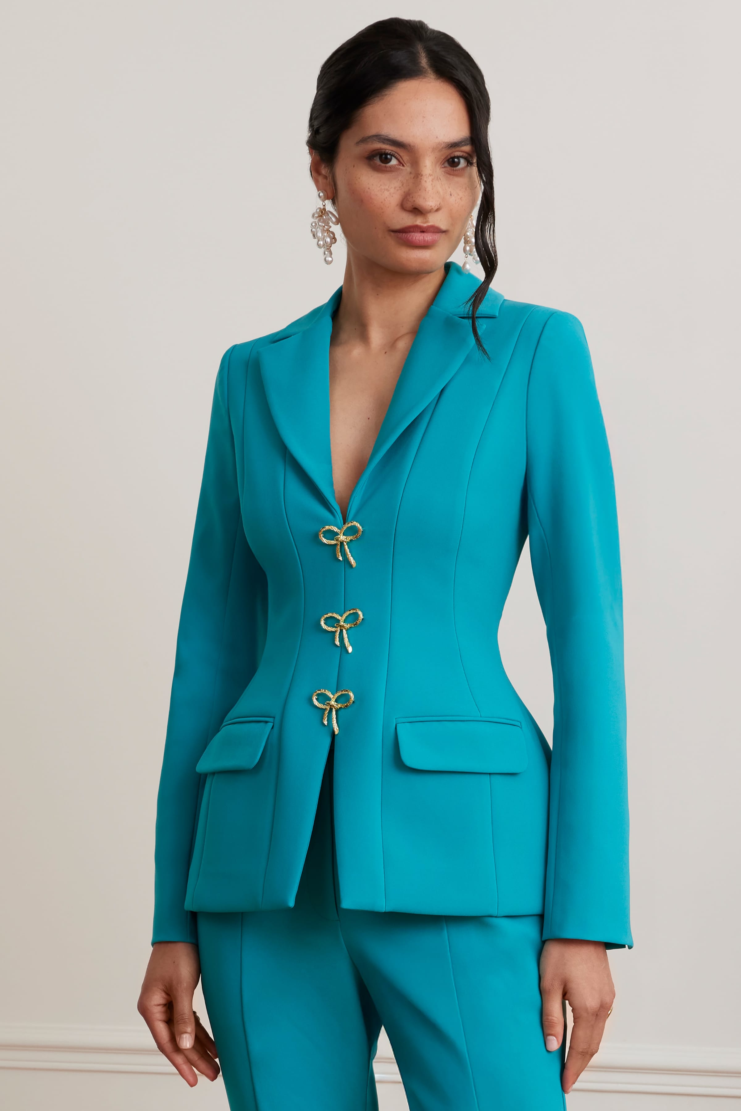 FIORELLA Sculptured Blazer with Gold Bow Hardware in Teal Blue