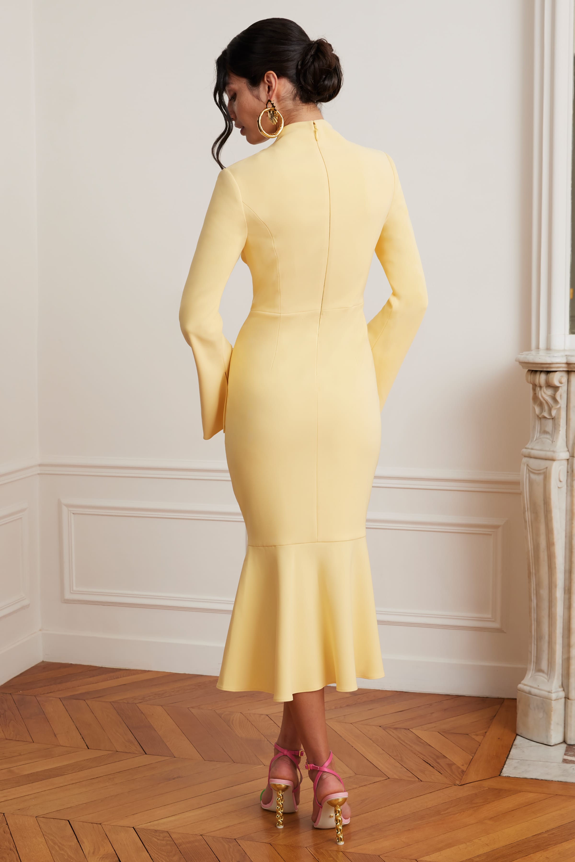 KIMORA Cross Over High Neck Fluted Midi Dress In Yellow