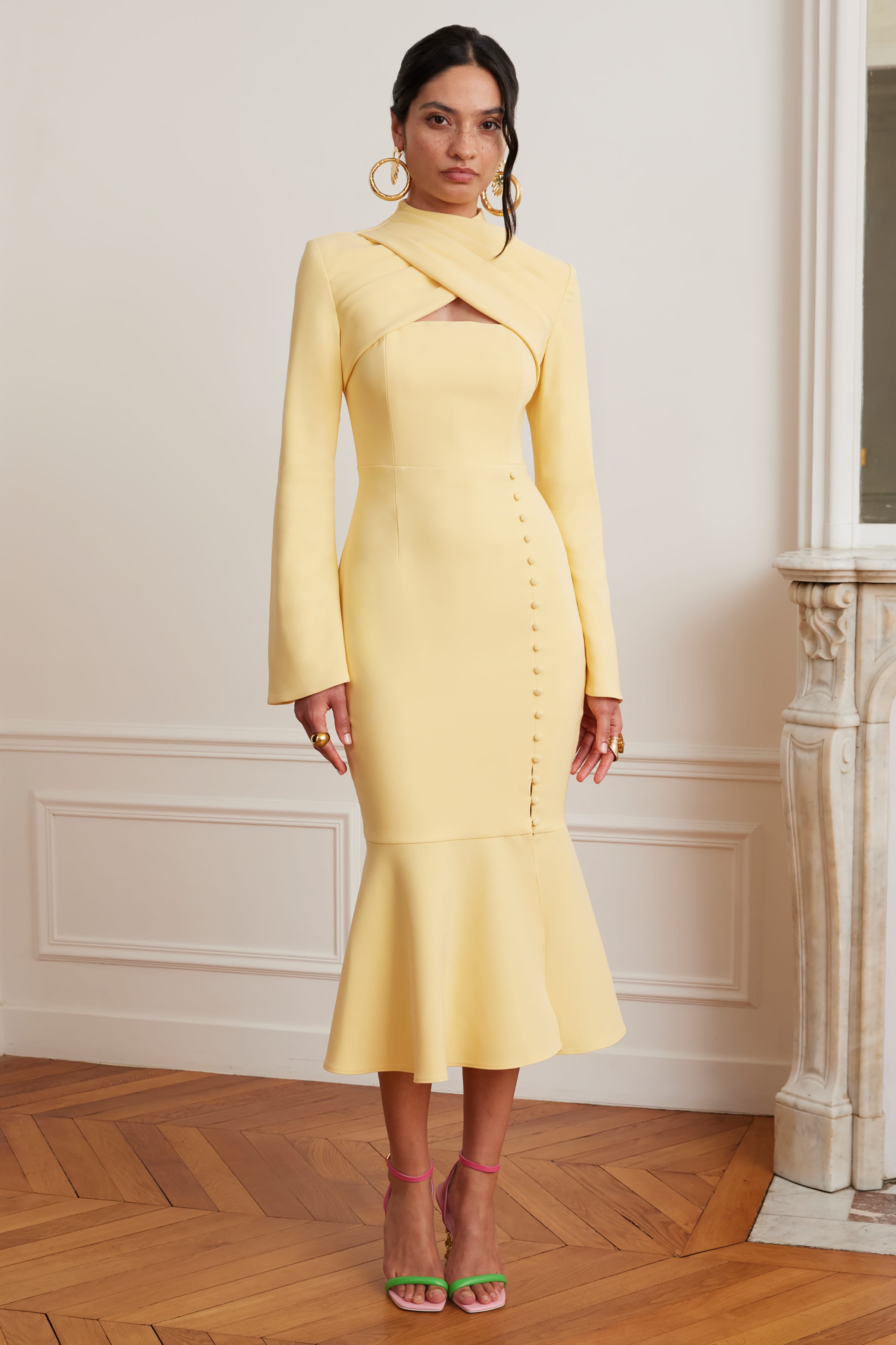 KIMORA Cross Over High Neck Fluted Midi Dress In Yellow