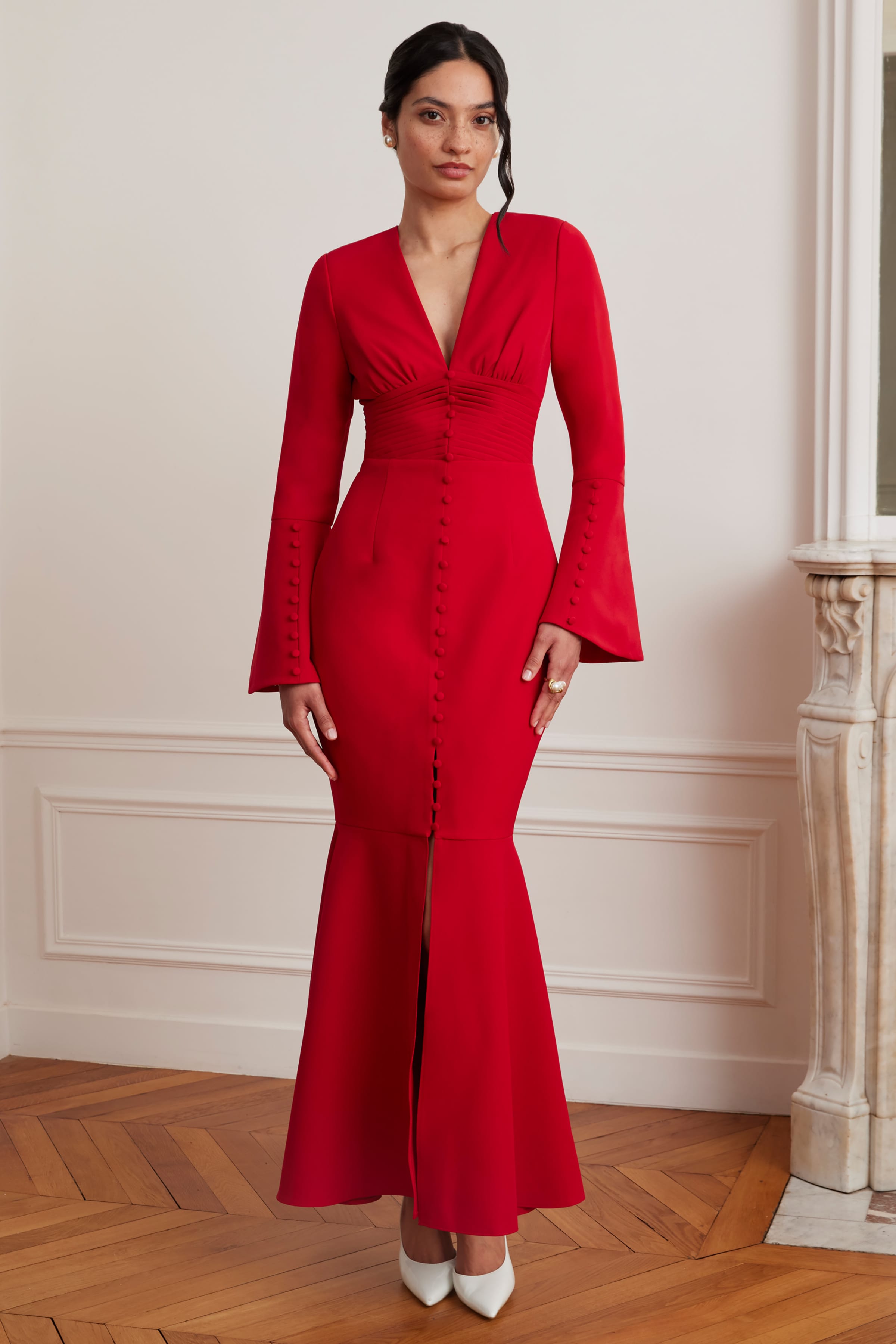 JOSIE Fluted Sleeve Fishtail Maxi Dress in Red
