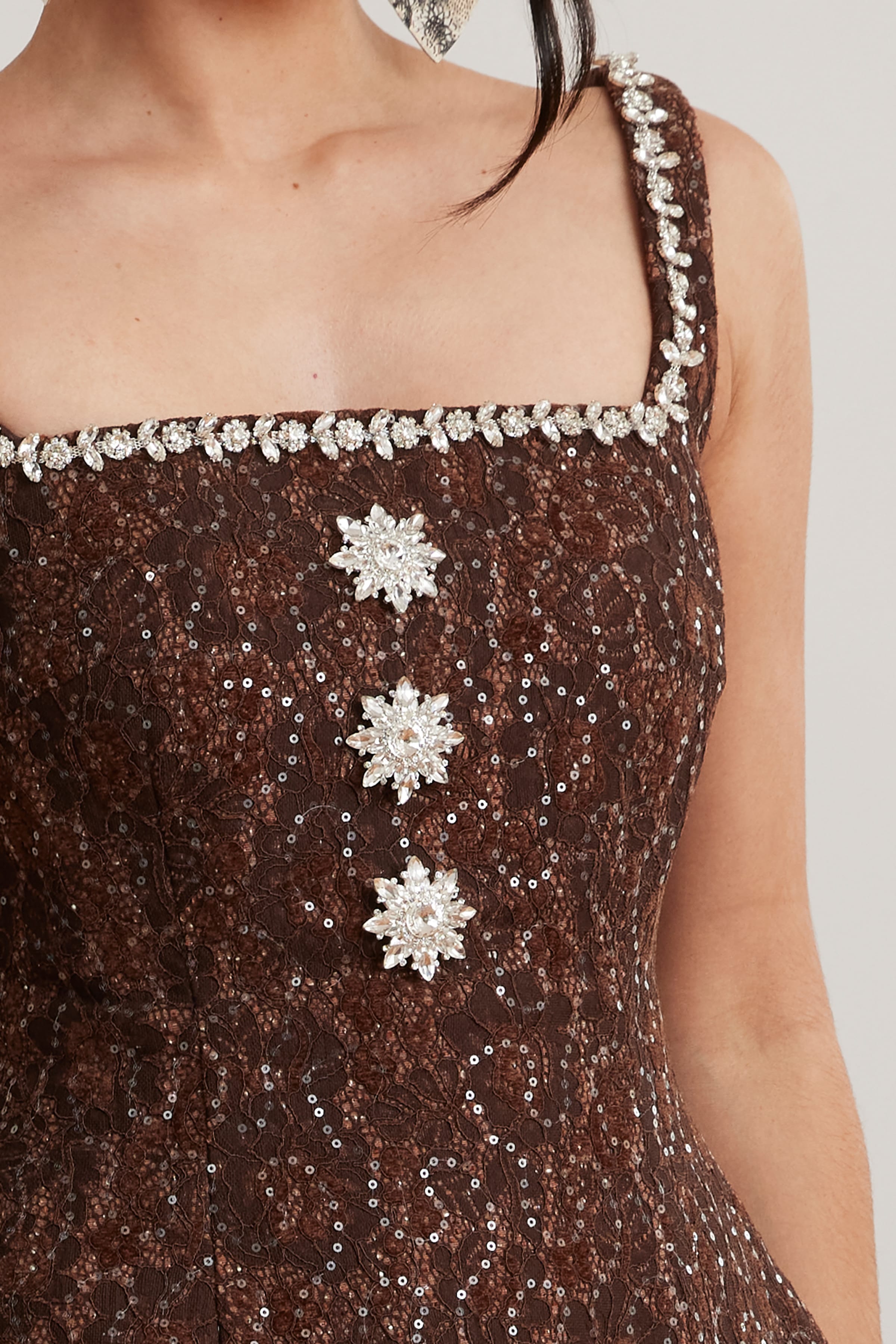 ZOEY Embellished Lace Boucle Tulip Mini Dress in Chocolate