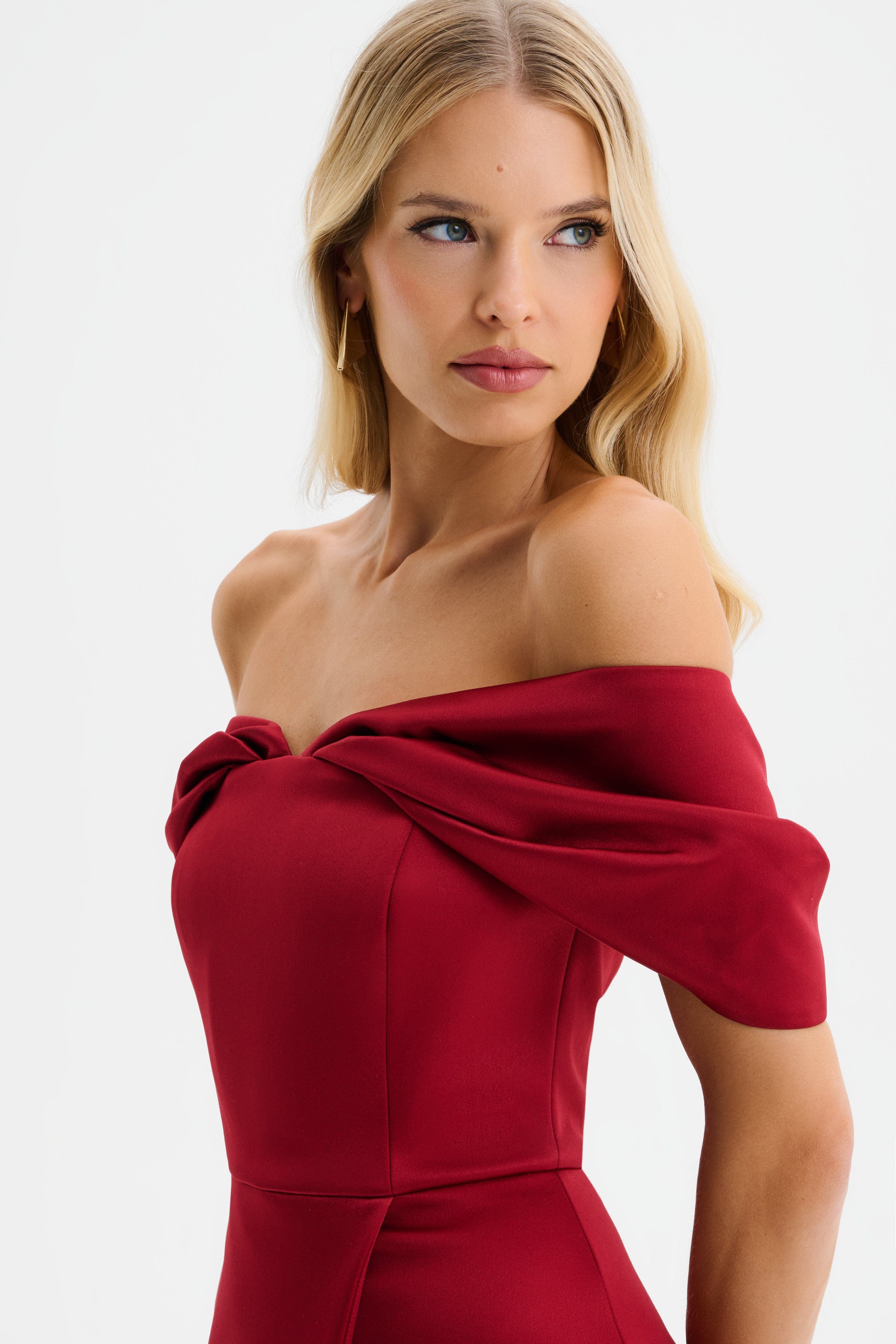 HARLEEN Draped Bardot Bonded Satin Midi Dress in Burgundy