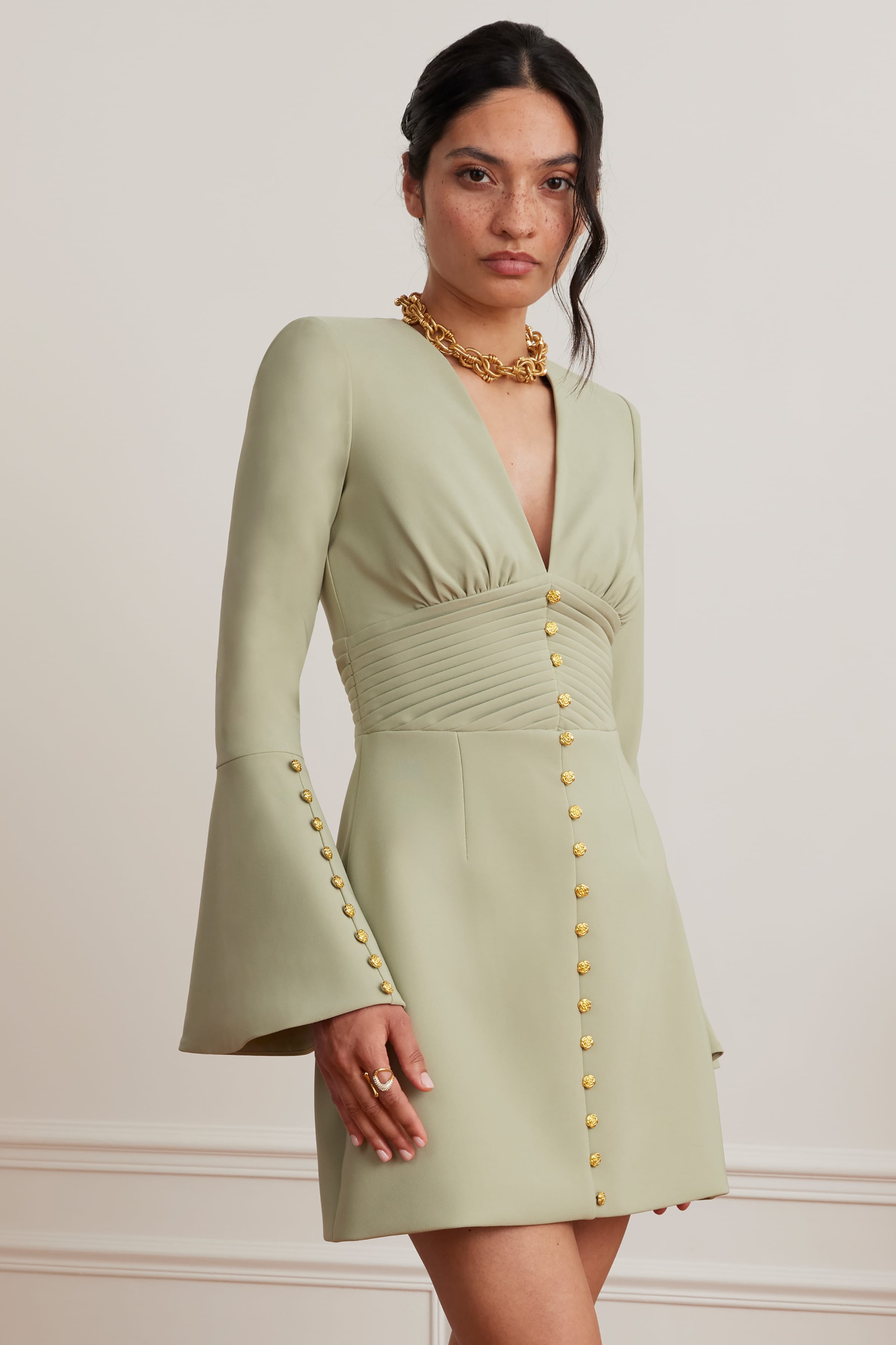 LARA Fluted Sleeve Rose Button Mini Tulip Dress In Sage Green