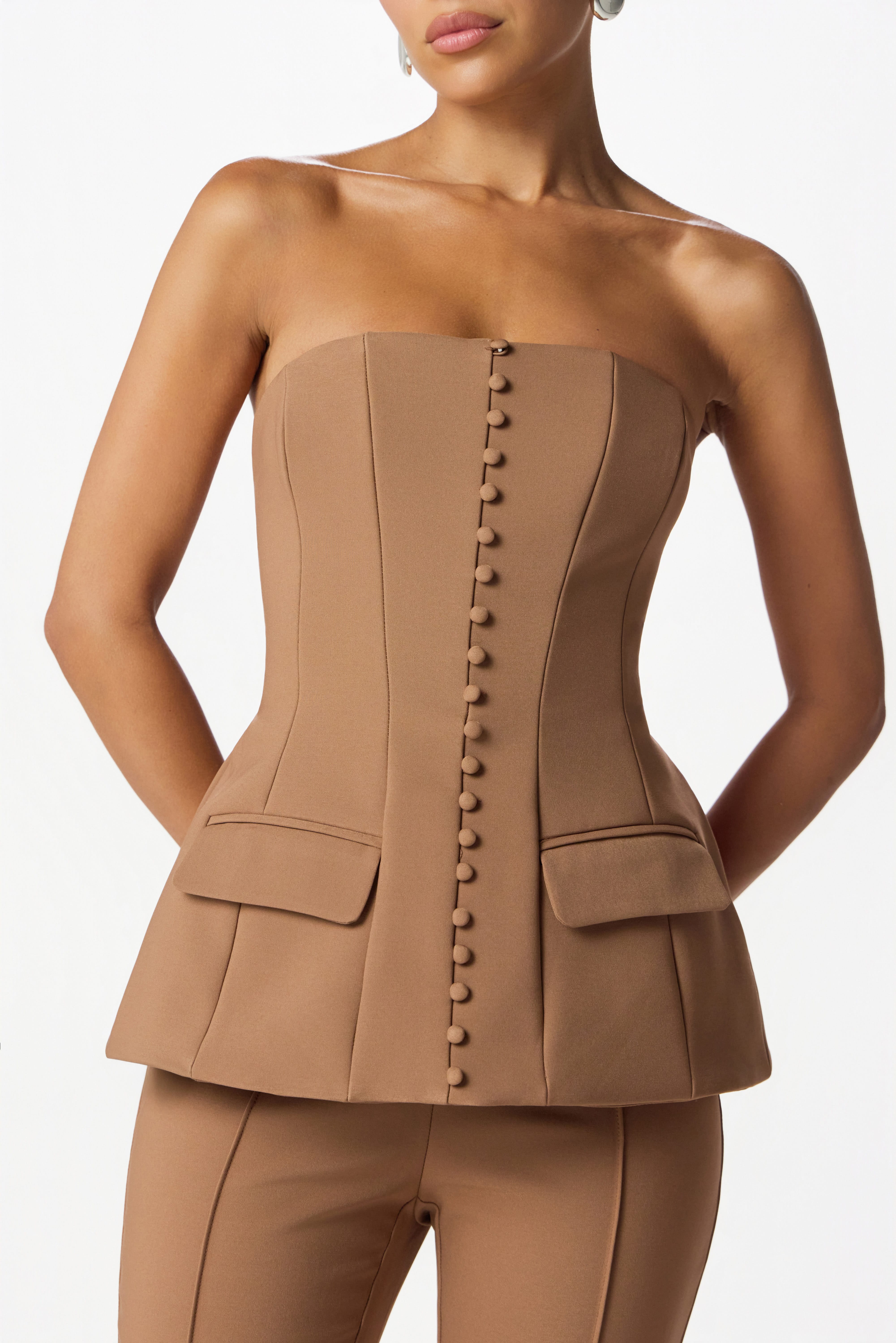 AMY Bandeau Flared Jumpsuit in Brown