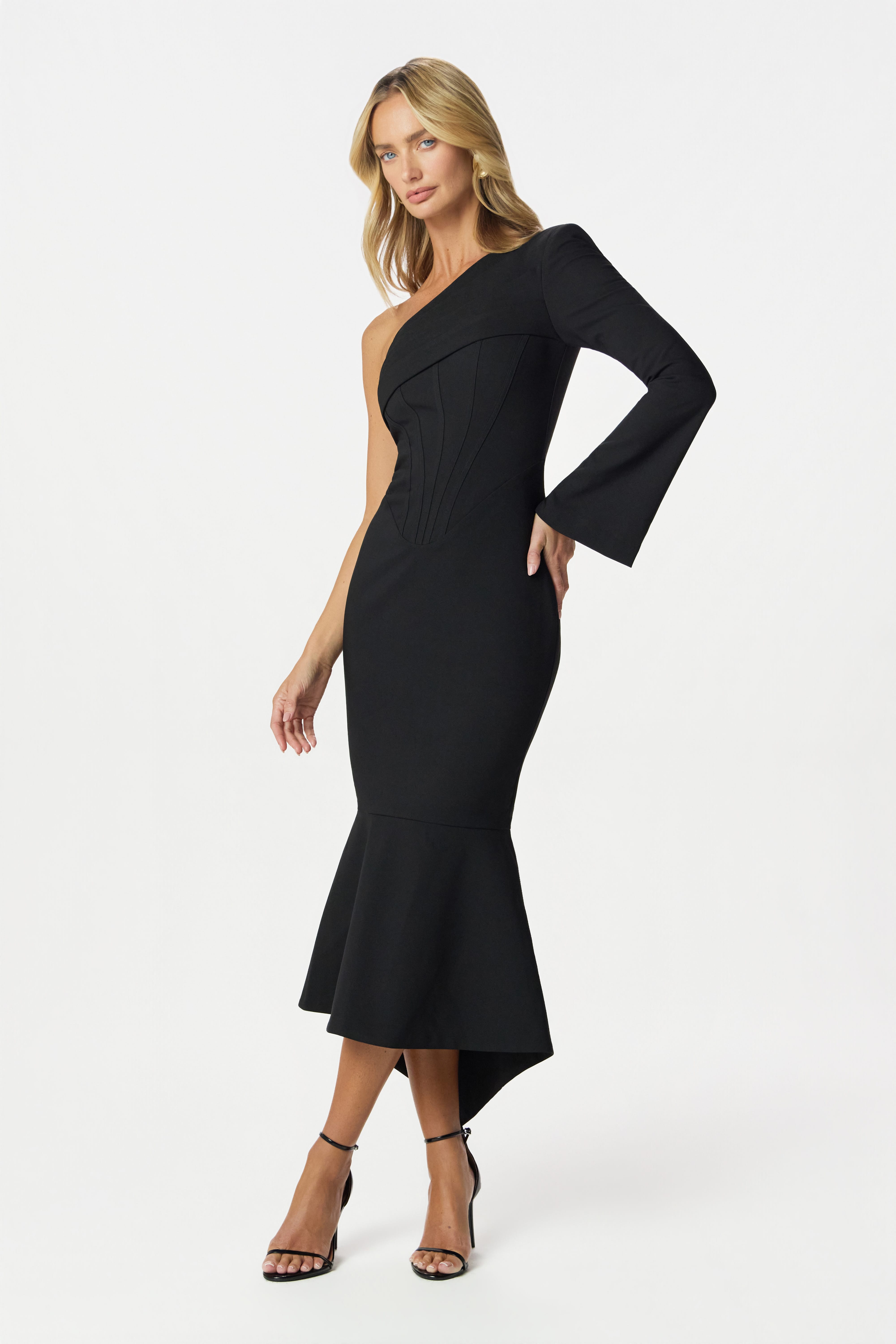 ARIANNA Asymmetric Midi Dress in Black