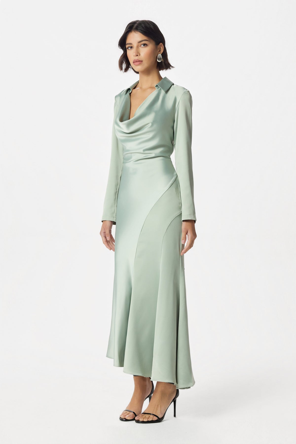AURELIAH Satin Midi Dress in Sage