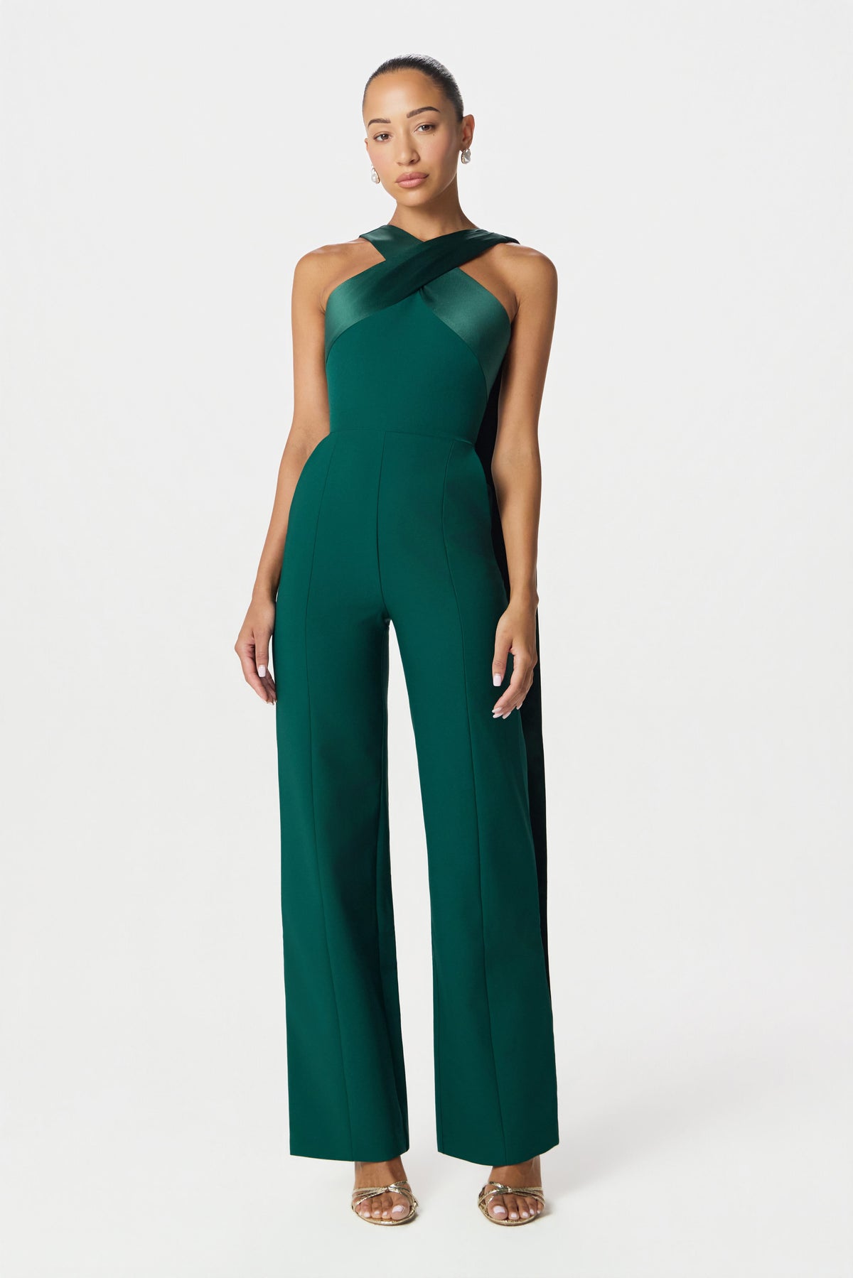 CHANTELLE Cross Neck Straight Leg Jumpsuit with Satin Drape in Emerald