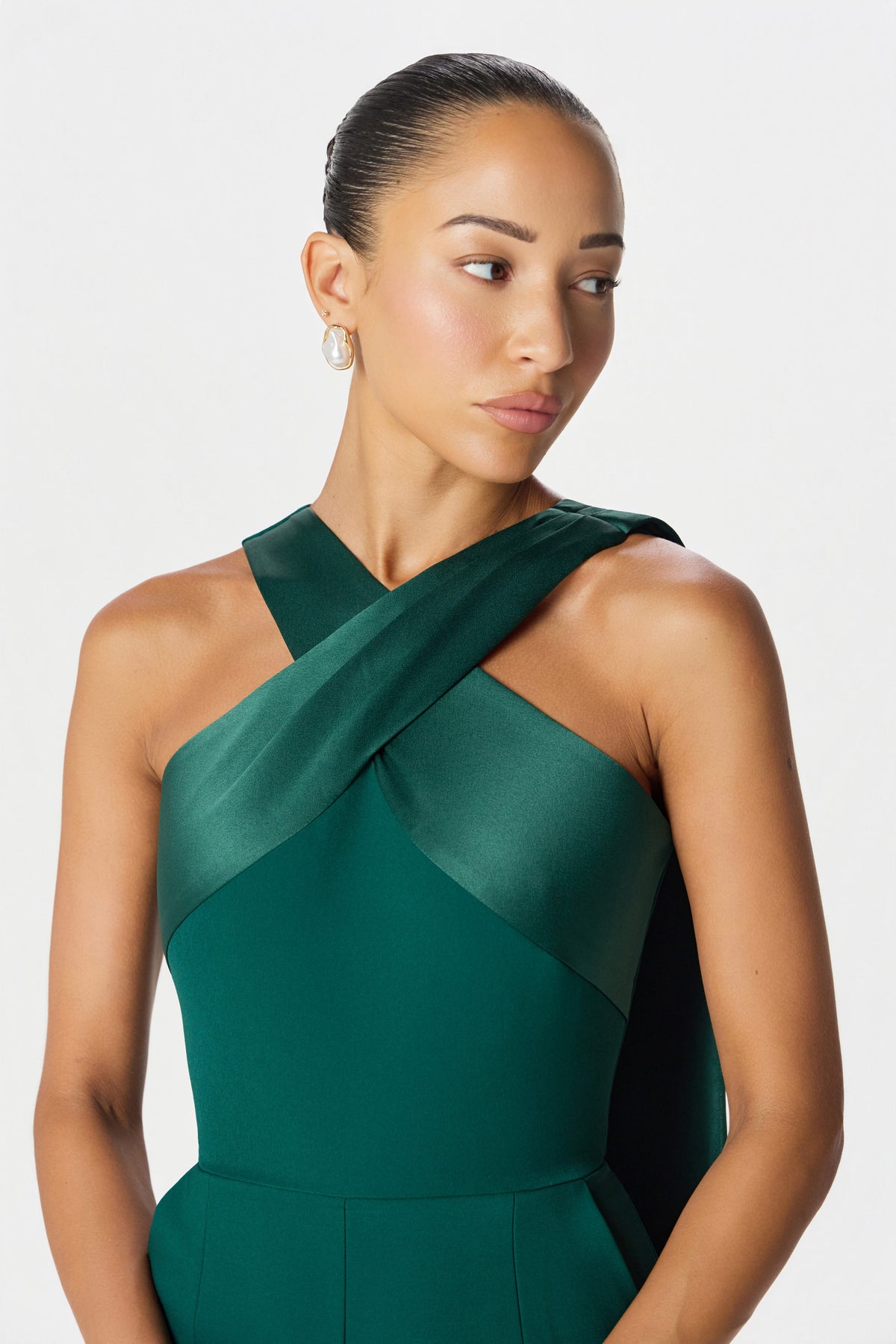 CHANTELLE Cross Neck Straight Leg Jumpsuit with Satin Drape in Emerald