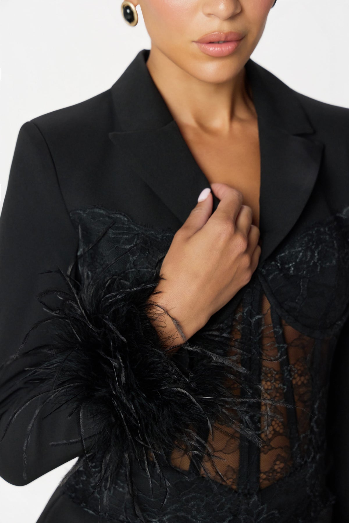 GIA Lace Feather Mini Dress in Black
