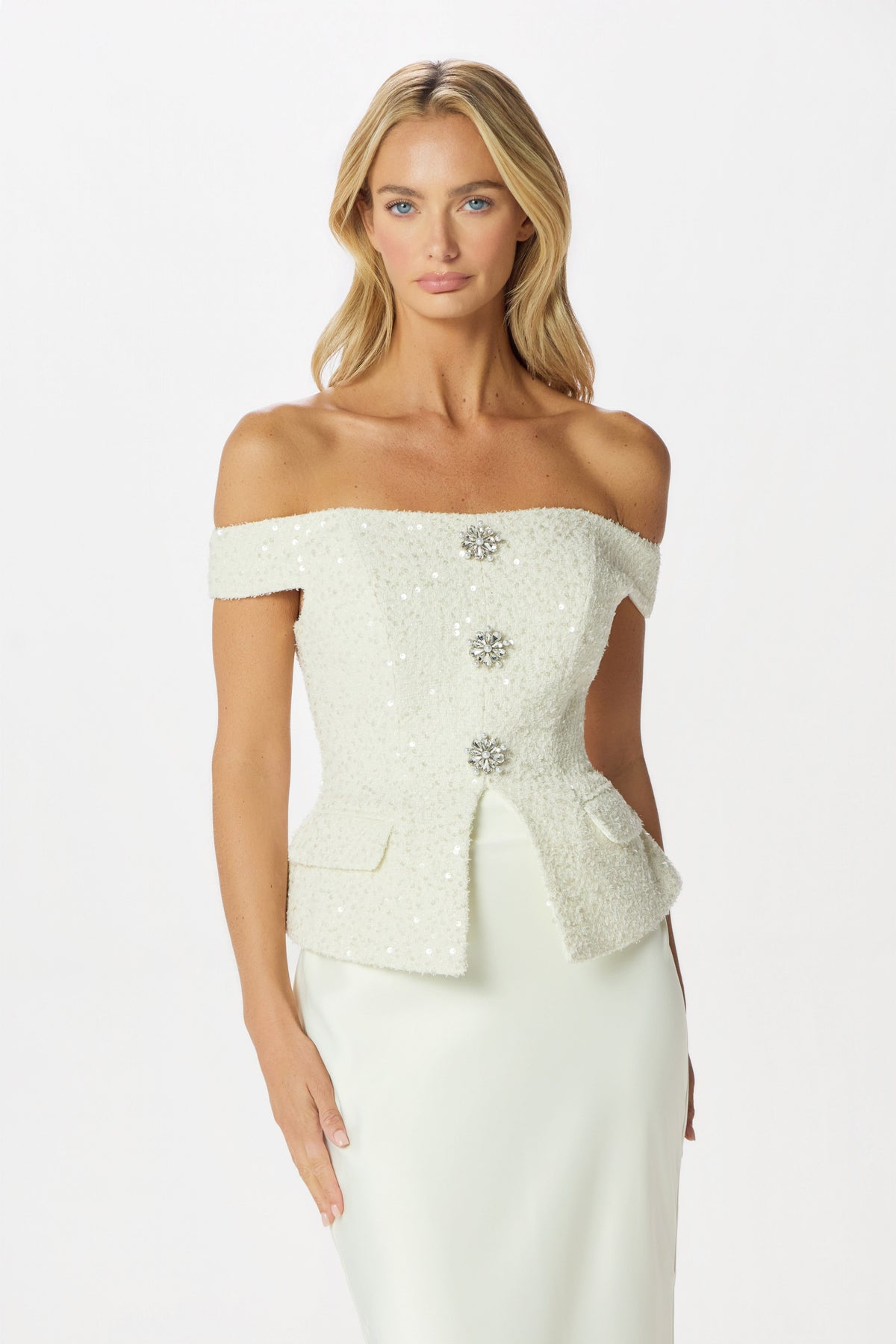 LEILA Embellished Boucle Top in Ivory