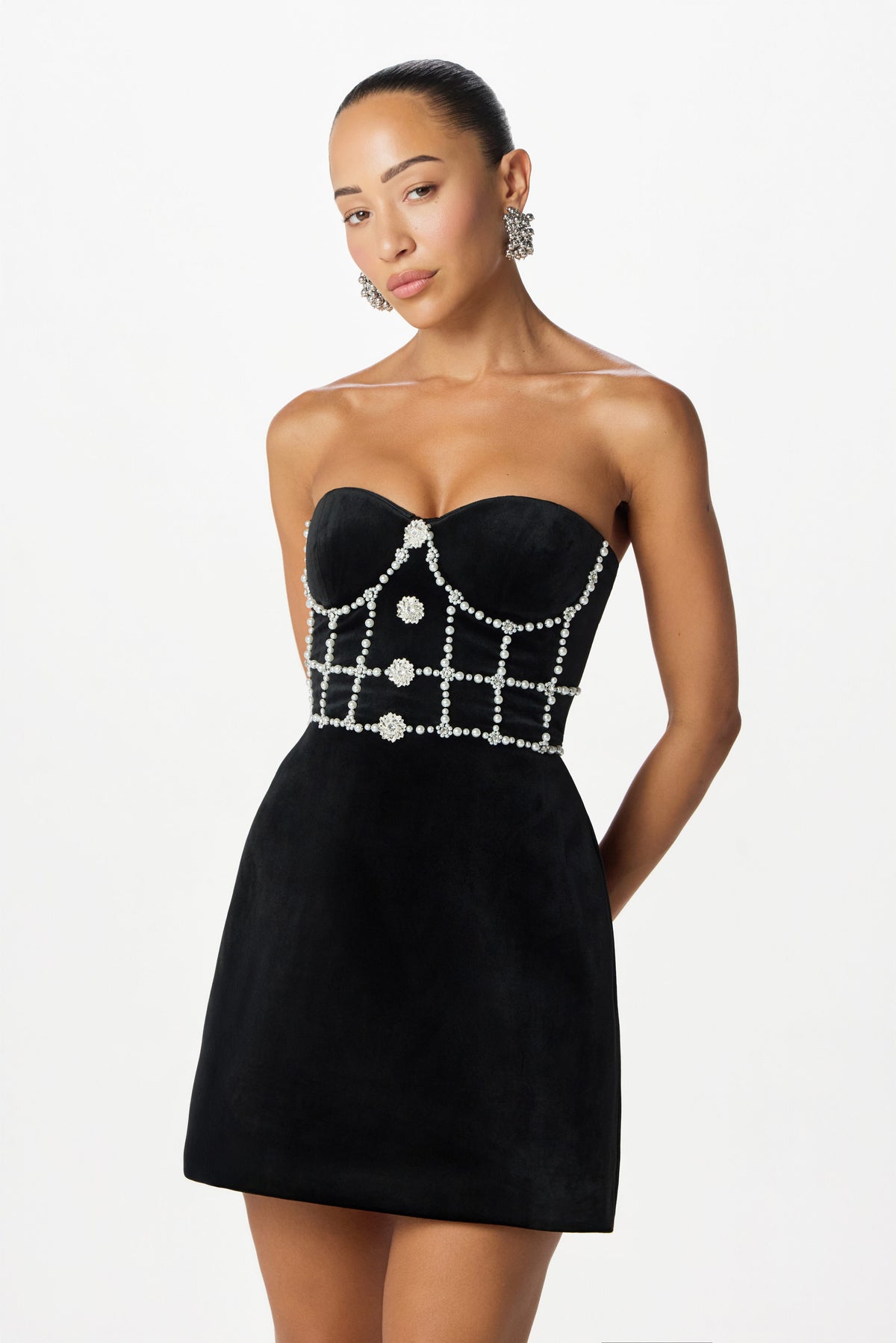 MASIE Embellished Velvet Mini Dress in Black