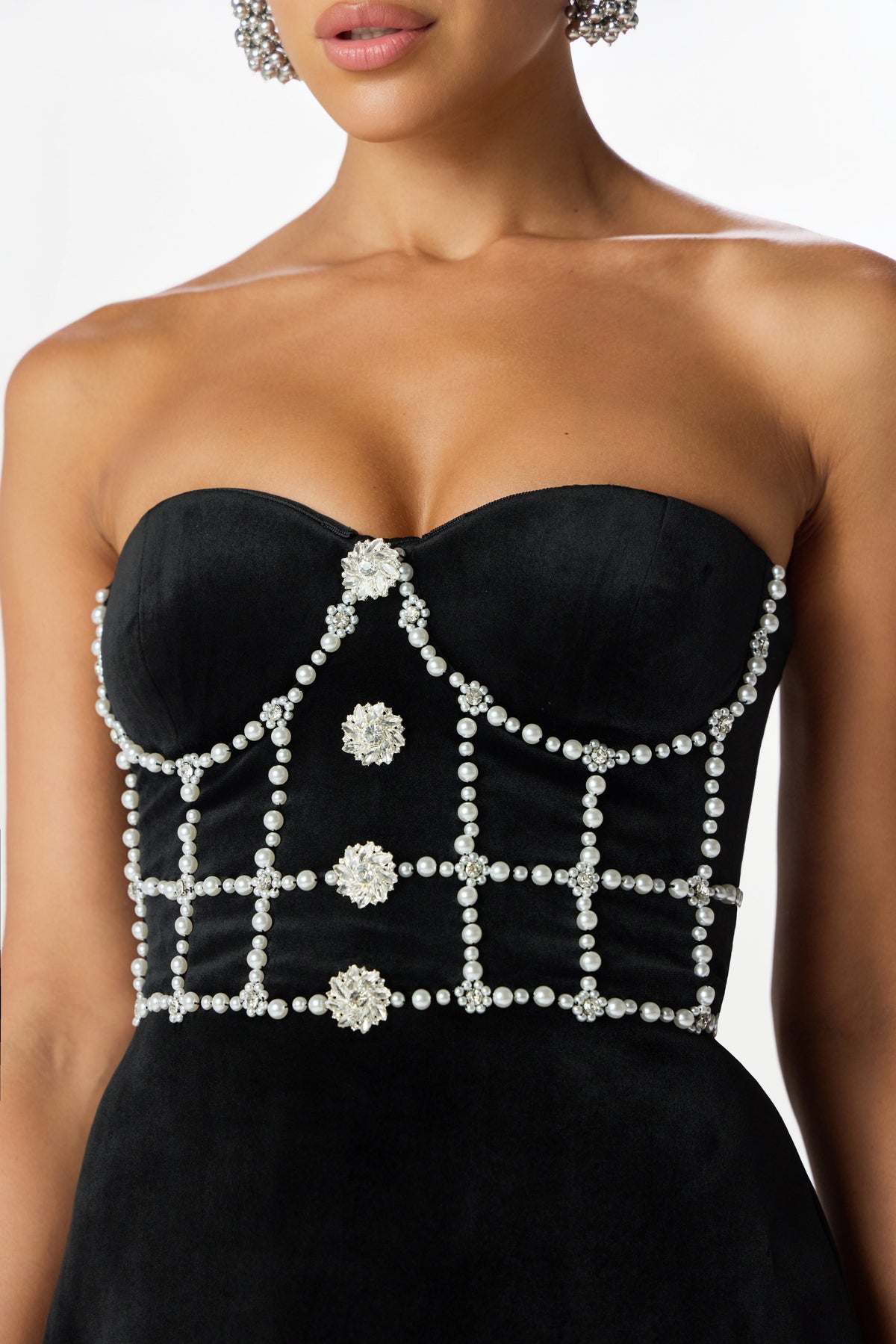 MASIE Embellished Velvet Mini Dress in Black