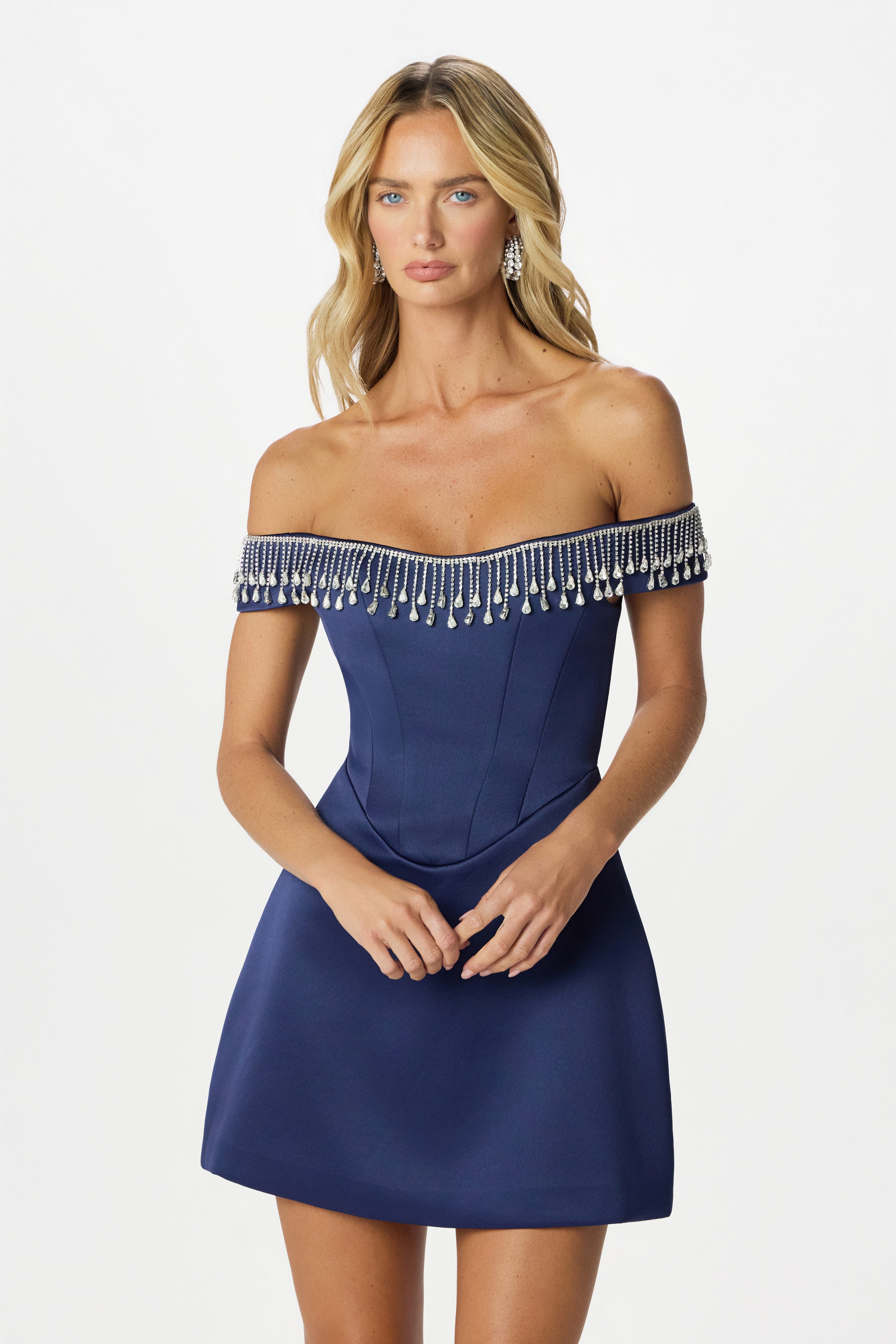 THEA Embellished Satin Mini Dress in Navy