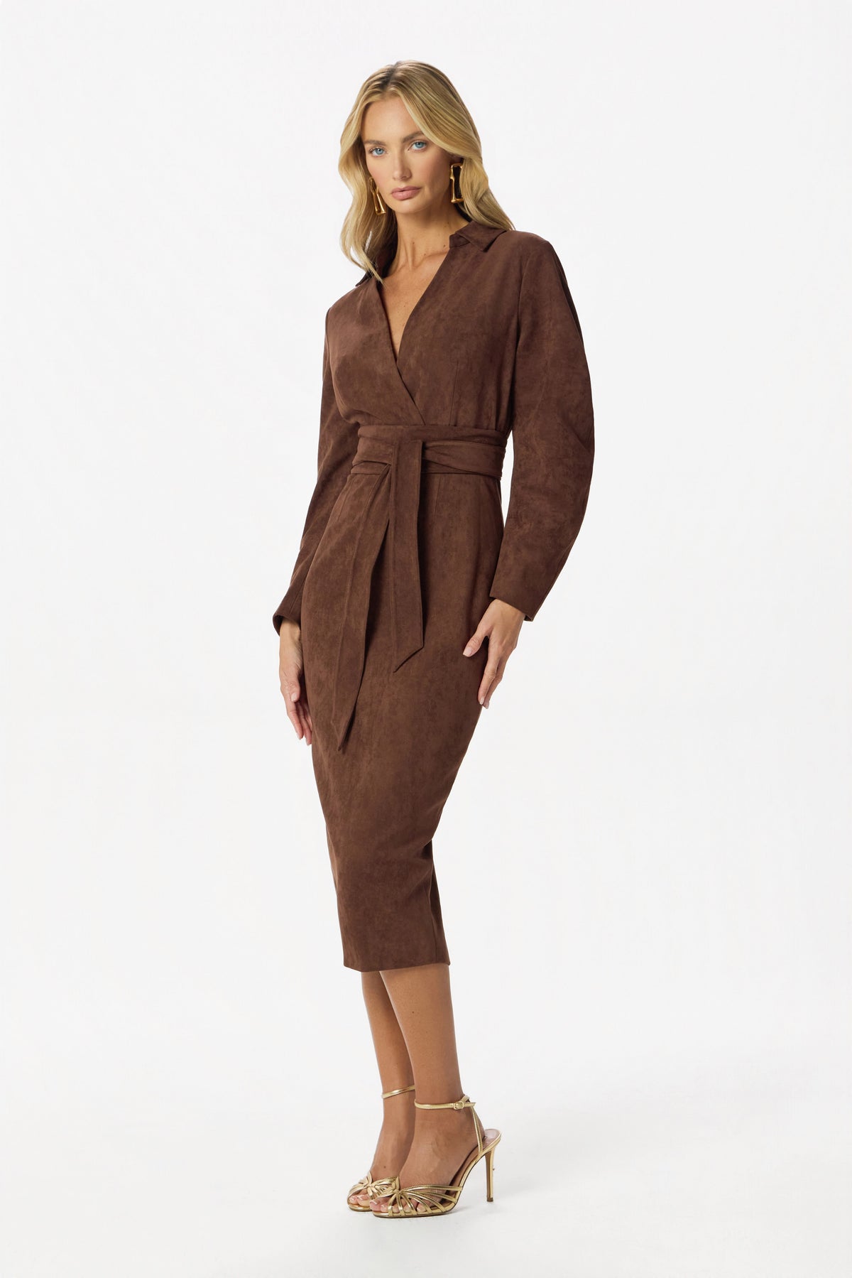 WILLOW Faux Suede Midi Dress In Dark Brown