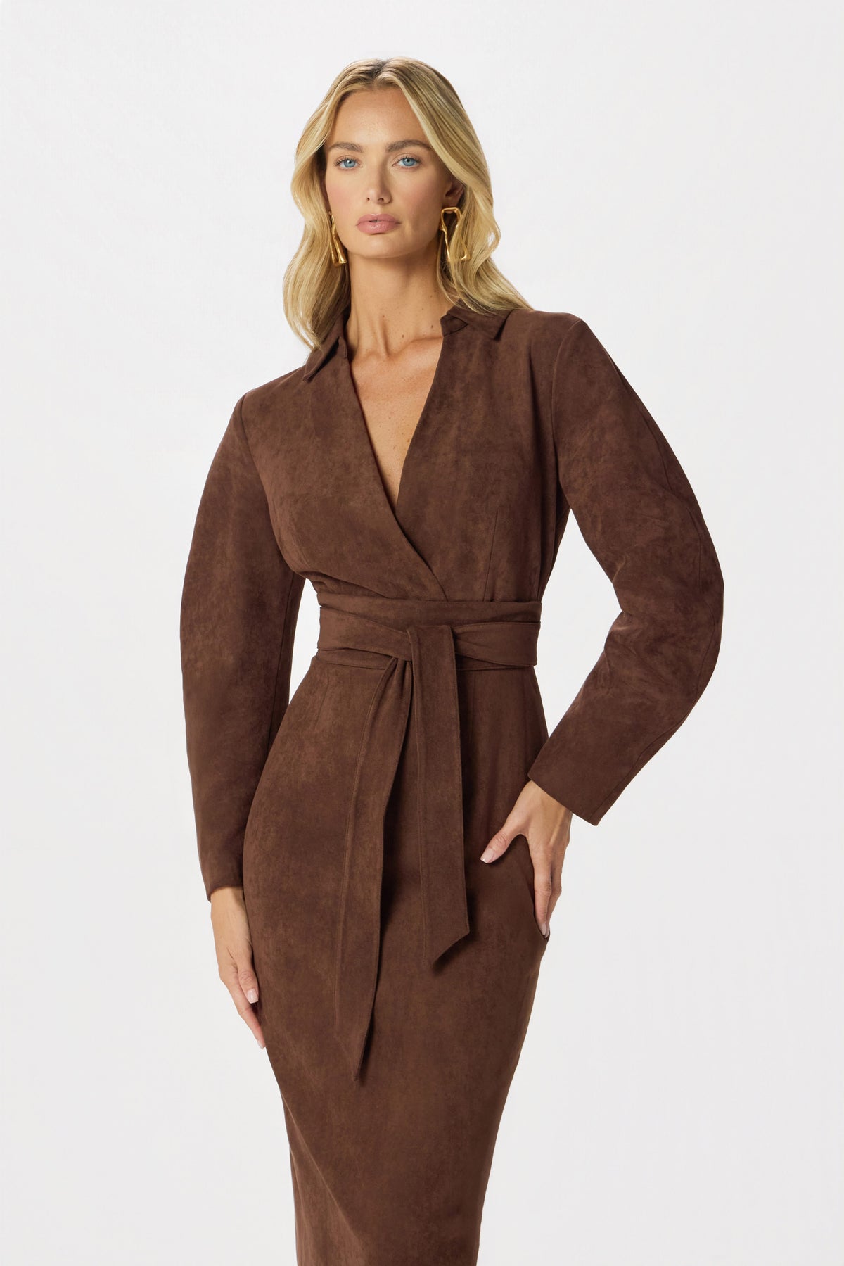 WILLOW Faux Suede Midi Dress In Dark Brown