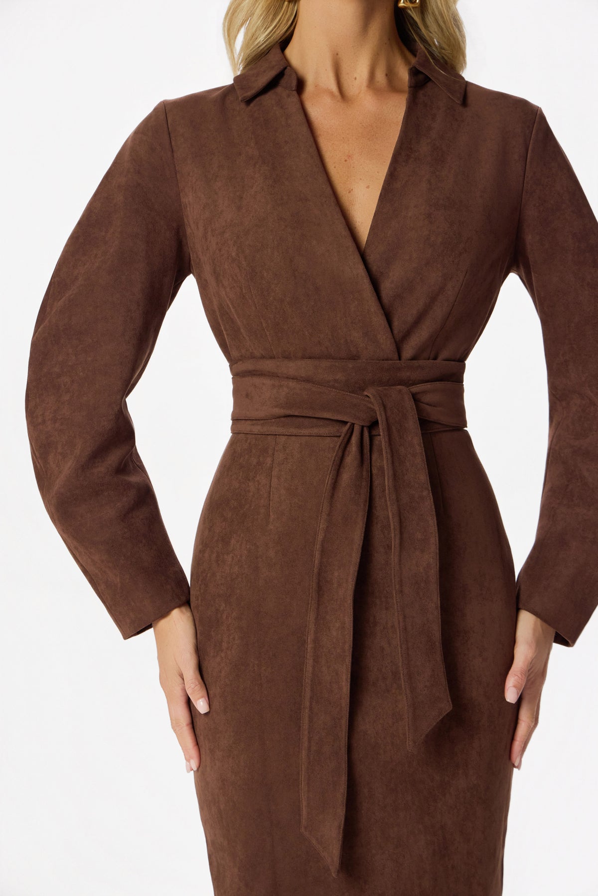 WILLOW Faux Suede Midi Dress In Dark Brown