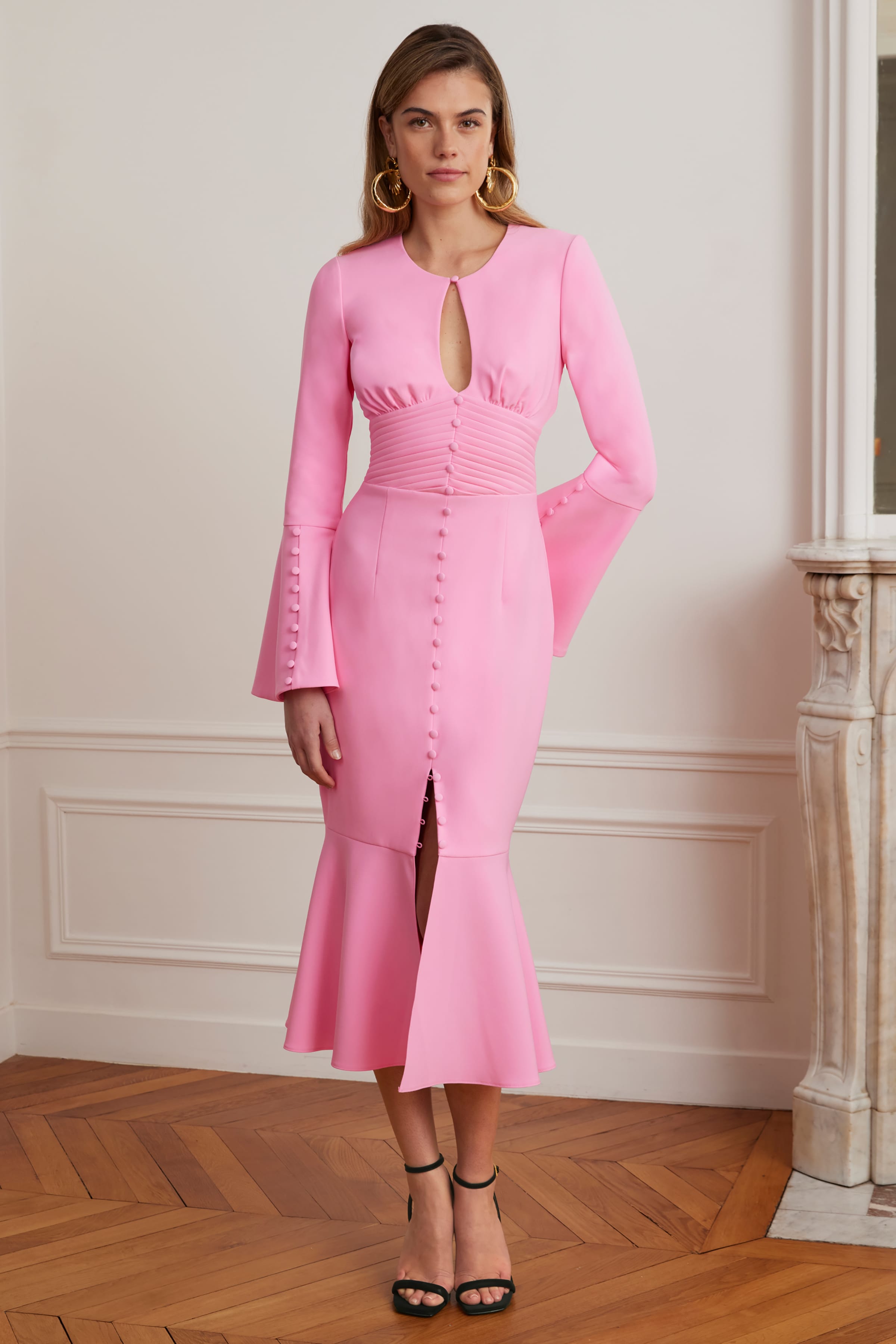 ROXIE Keyhole Micro Button Detail Midi Dress In Pink