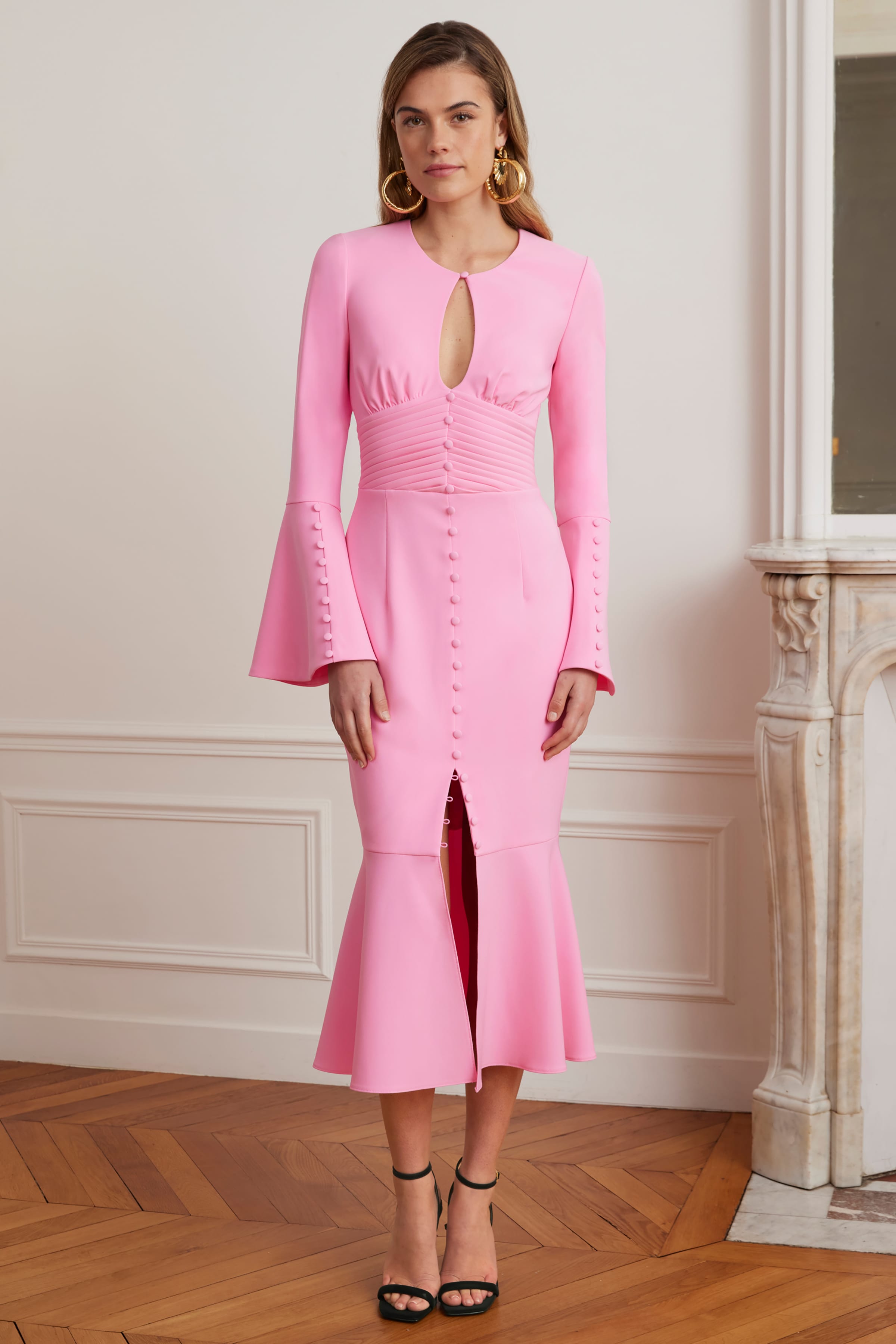 ROXIE Keyhole Micro Button Detail Midi Dress In Pink