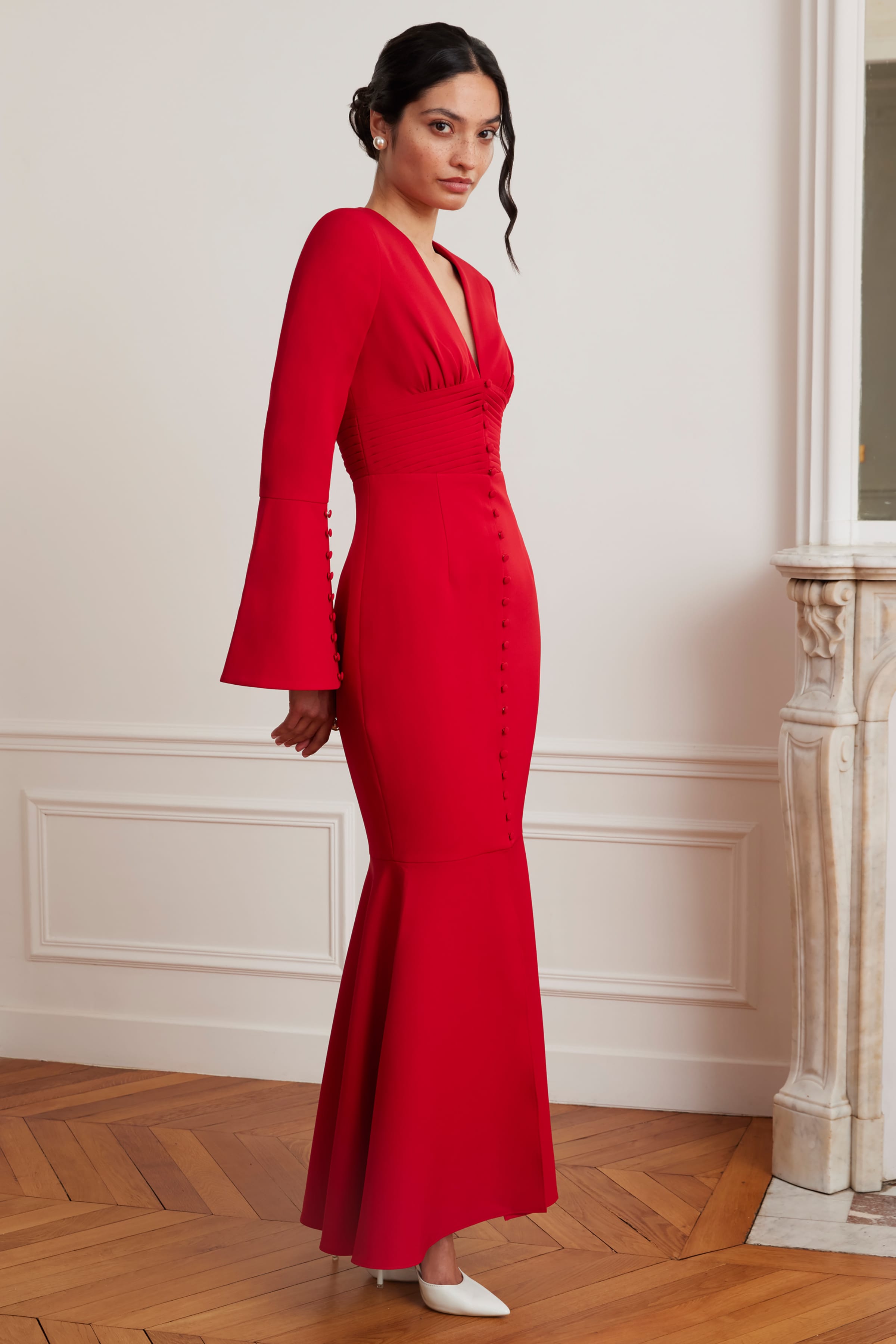JOSIE Fluted Sleeve Fishtail Maxi Dress in Red