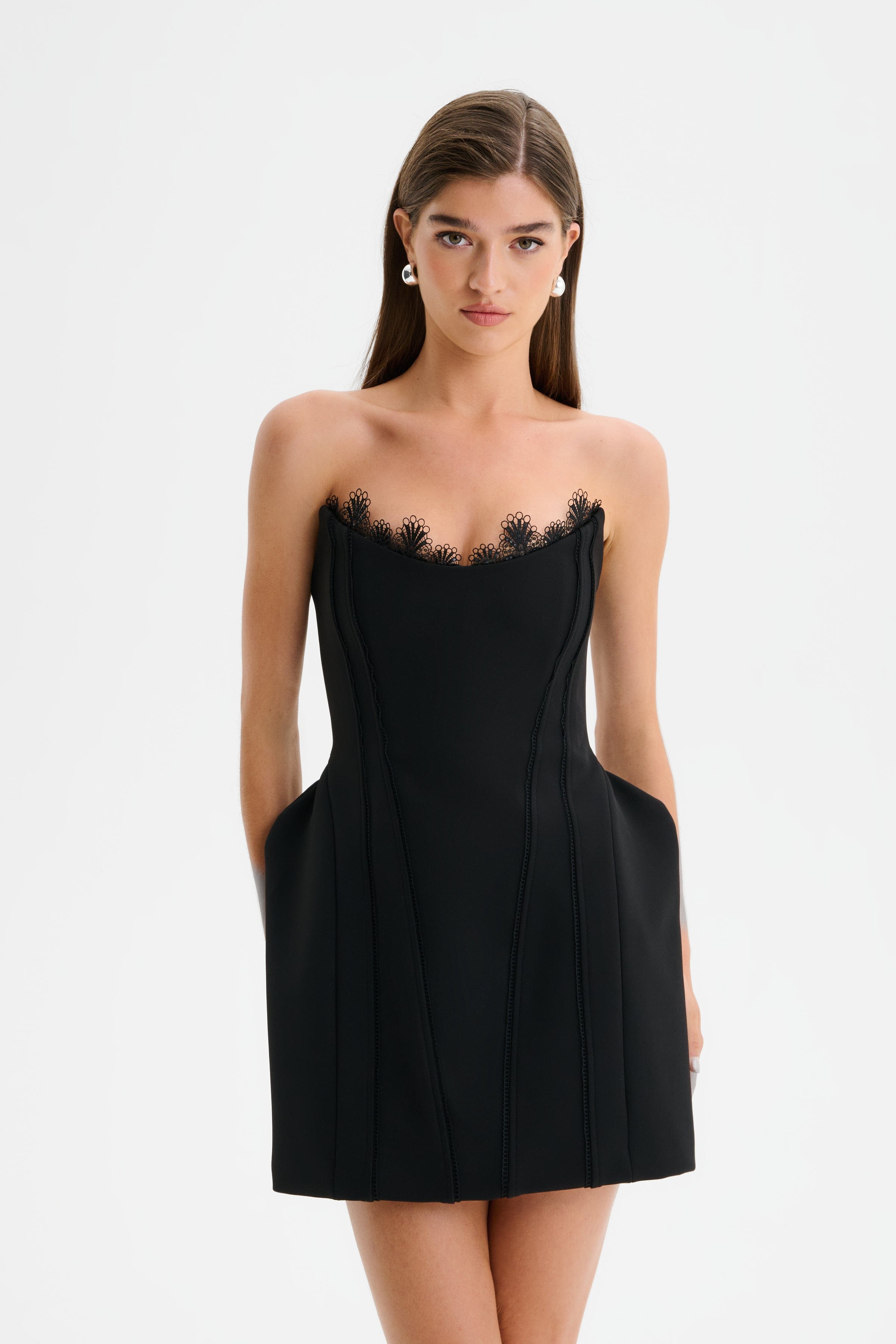 ANASTASIA Structured Mini Dress with Lace Corset in Black
