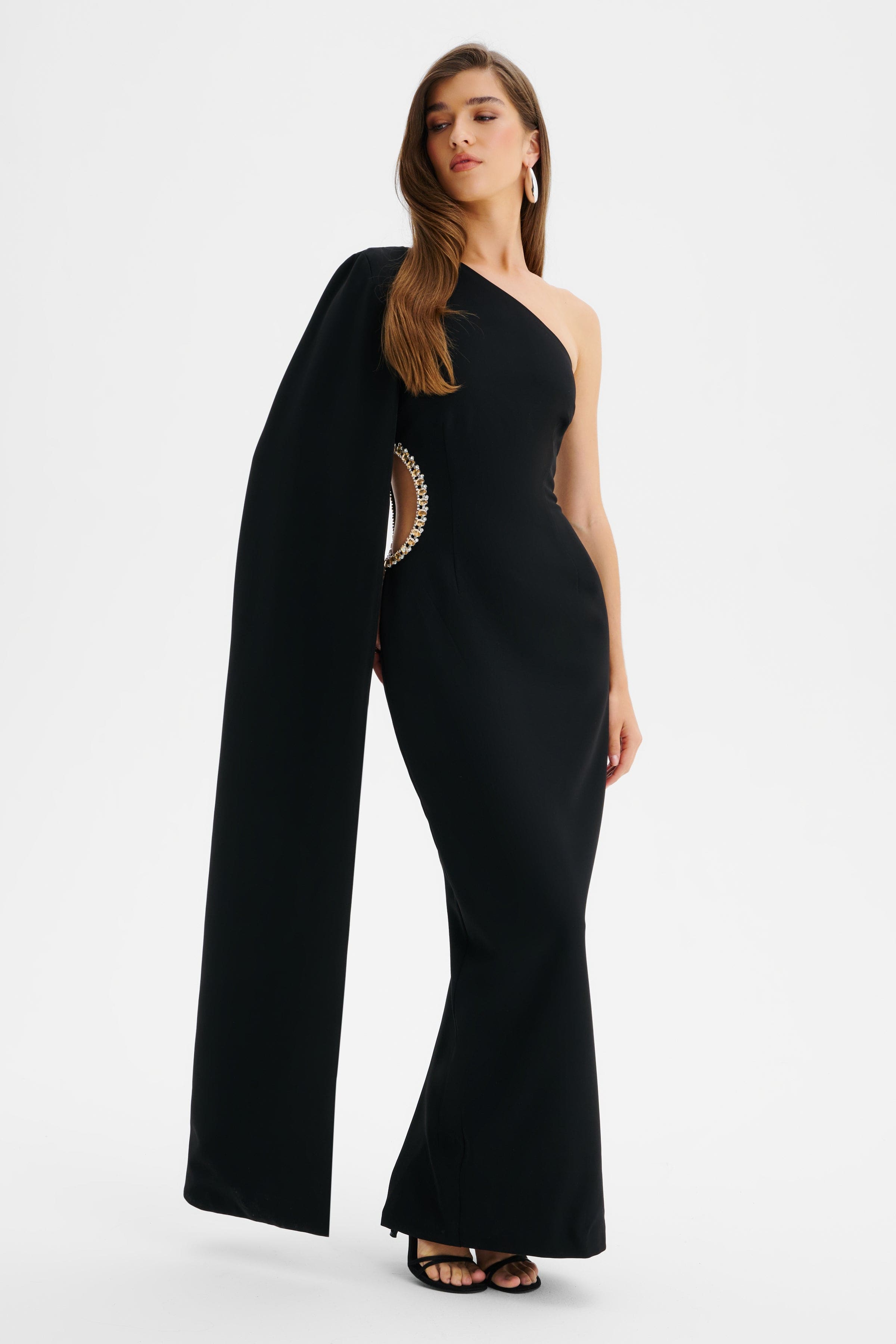 VIVIANA Asymmetric Embellished Cut Out Maxi Cape Dress In Black