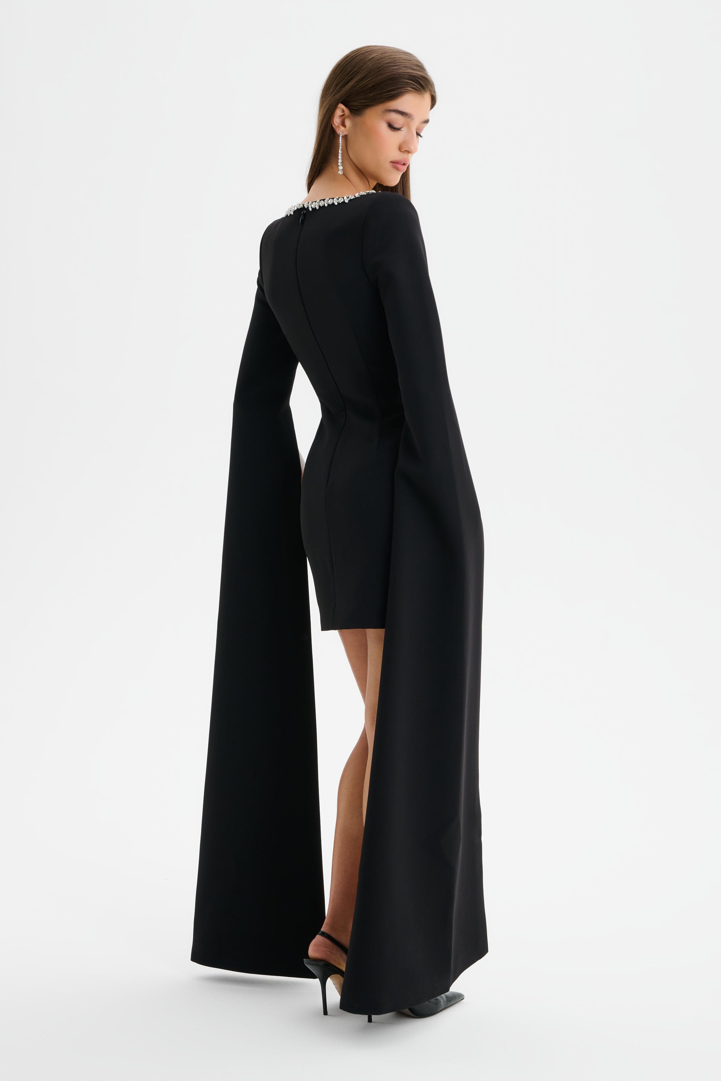 TILLY Square Neck Embellished Cape Sleeve Mini Dress in Black