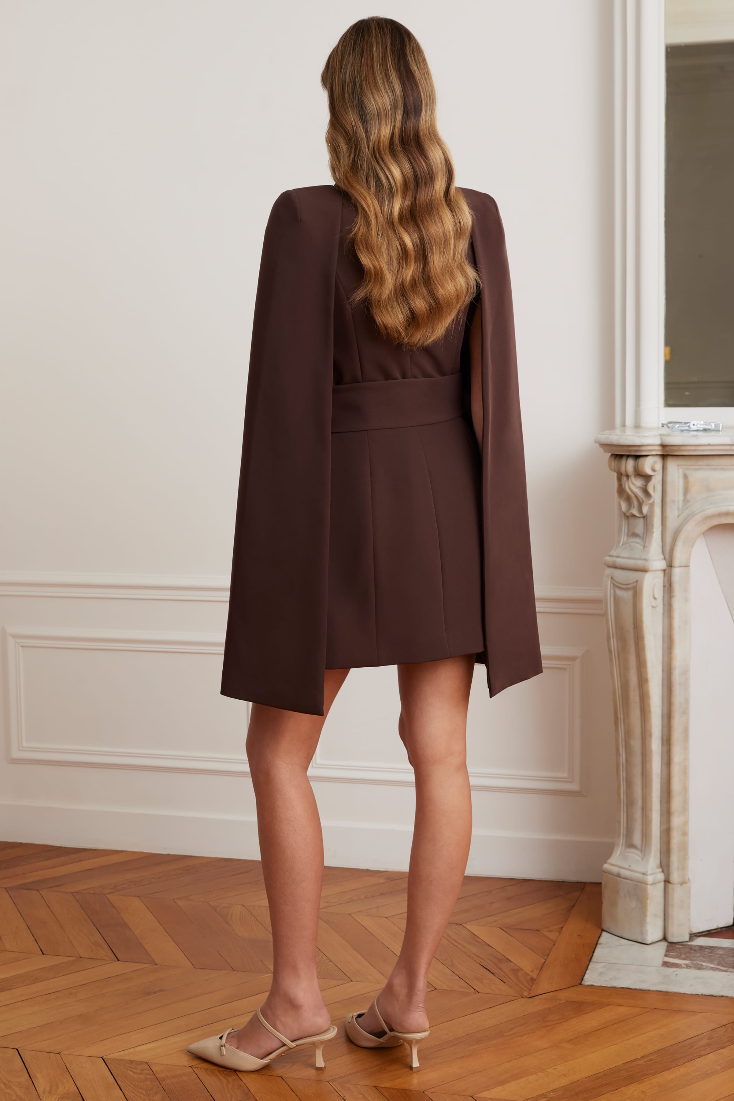 ALEXANDRA Cape Sleeve Self Wrap Mini Dress In Dark Brown