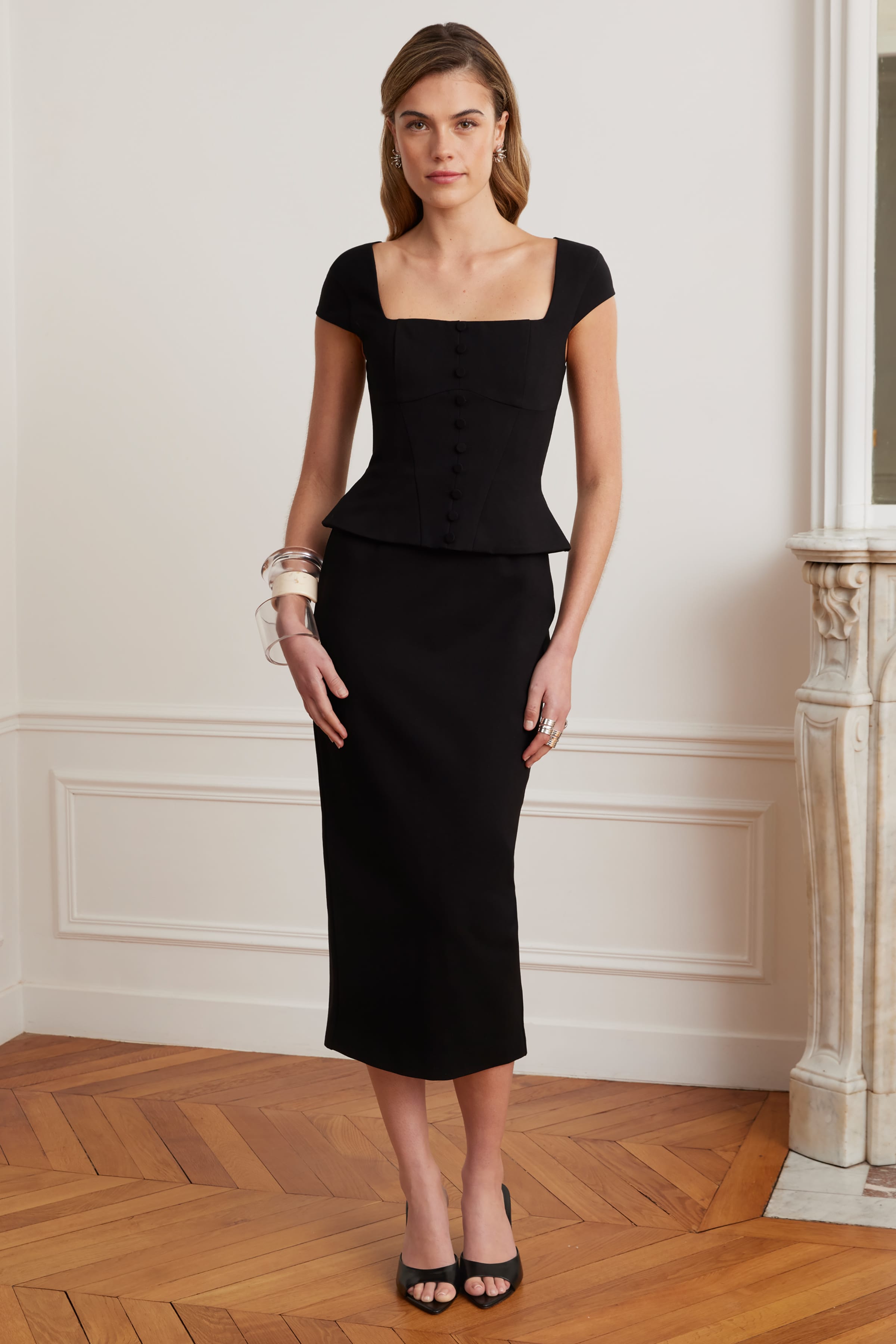 ELISA Corset Peplum Ponte Midi Dress In Black