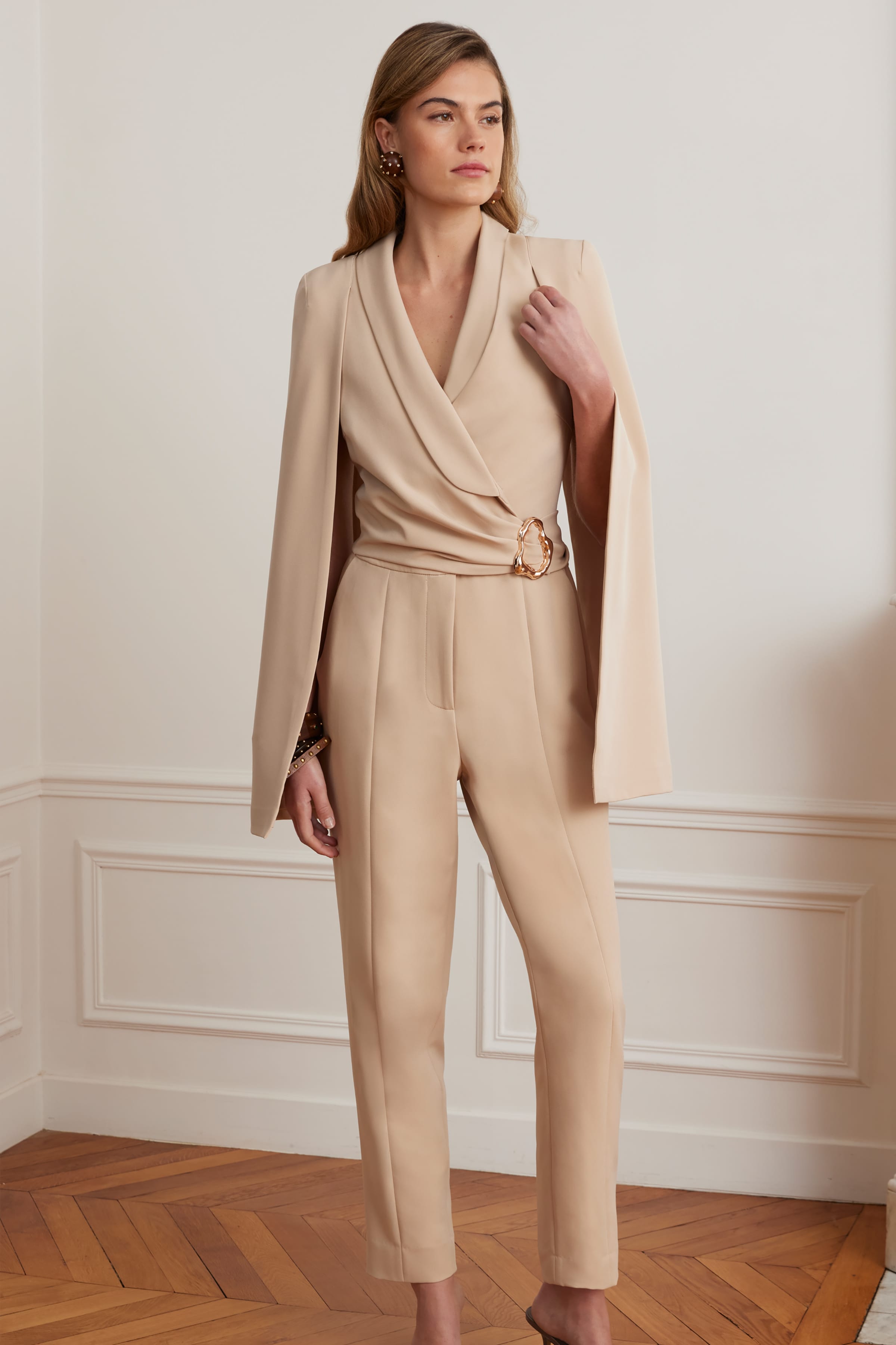 LILIA Cape Sleeve Self Wrap Tailored Jumpsuit In Sand