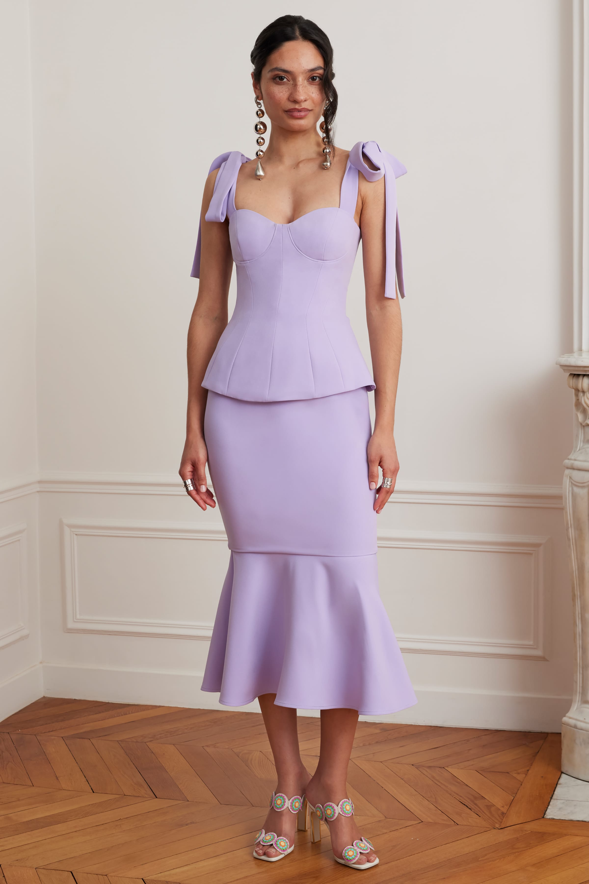 LEONA Tie Shoulder Peplum Fishtail Midi Dress In Lilac