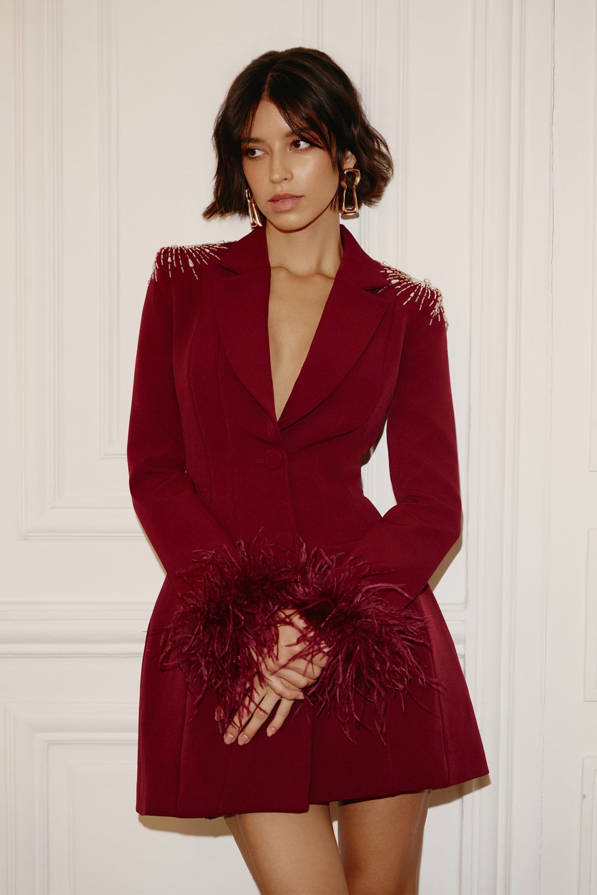 SABRINA Embellished Blazer Dress in Burgundy