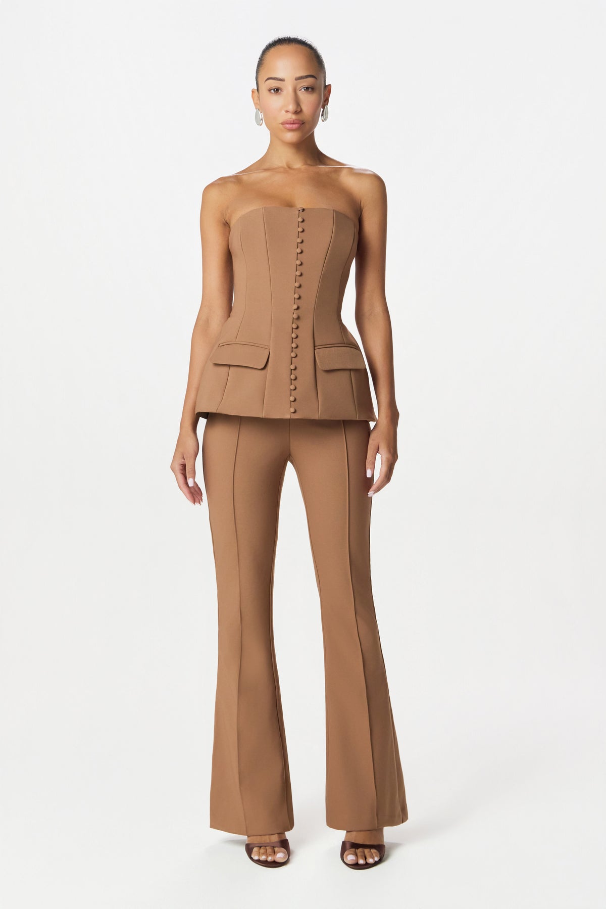 AMY Bandeau Flared Jumpsuit in Brown