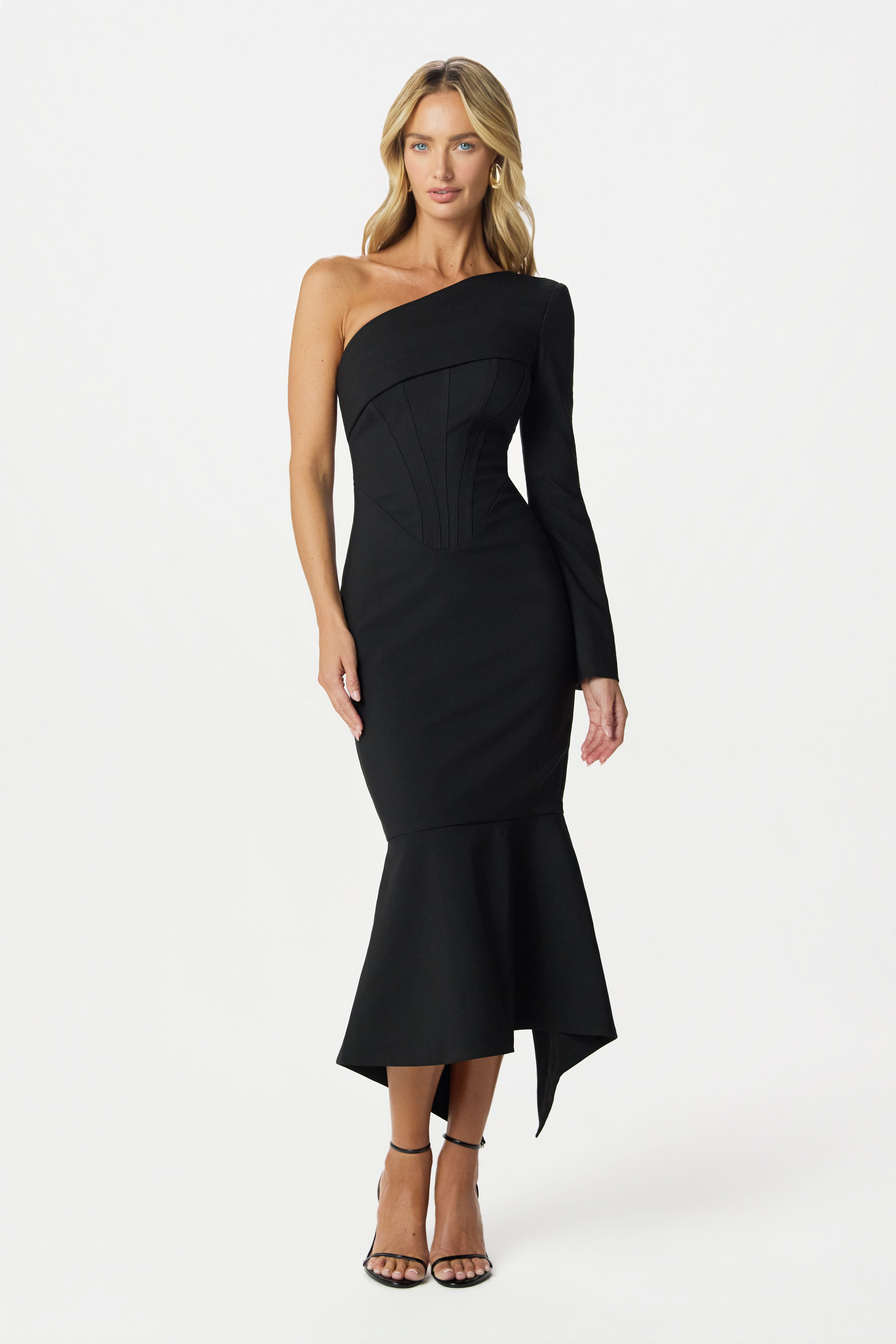 ARIANNA Asymmetric Midi Dress in Black