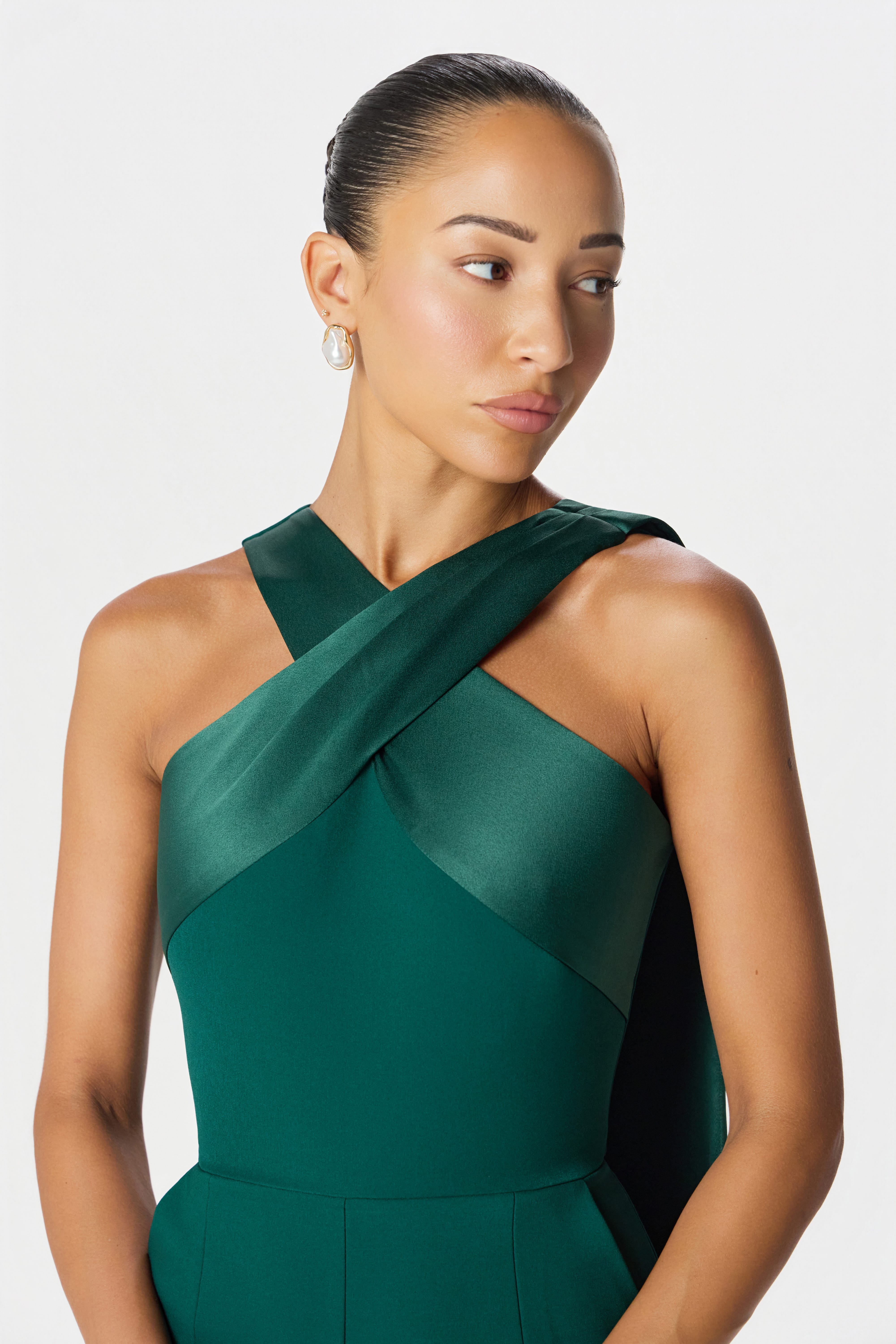 CHANTELLE Cross Neck Straight Leg Jumpsuit with Satin Drape in Emerald