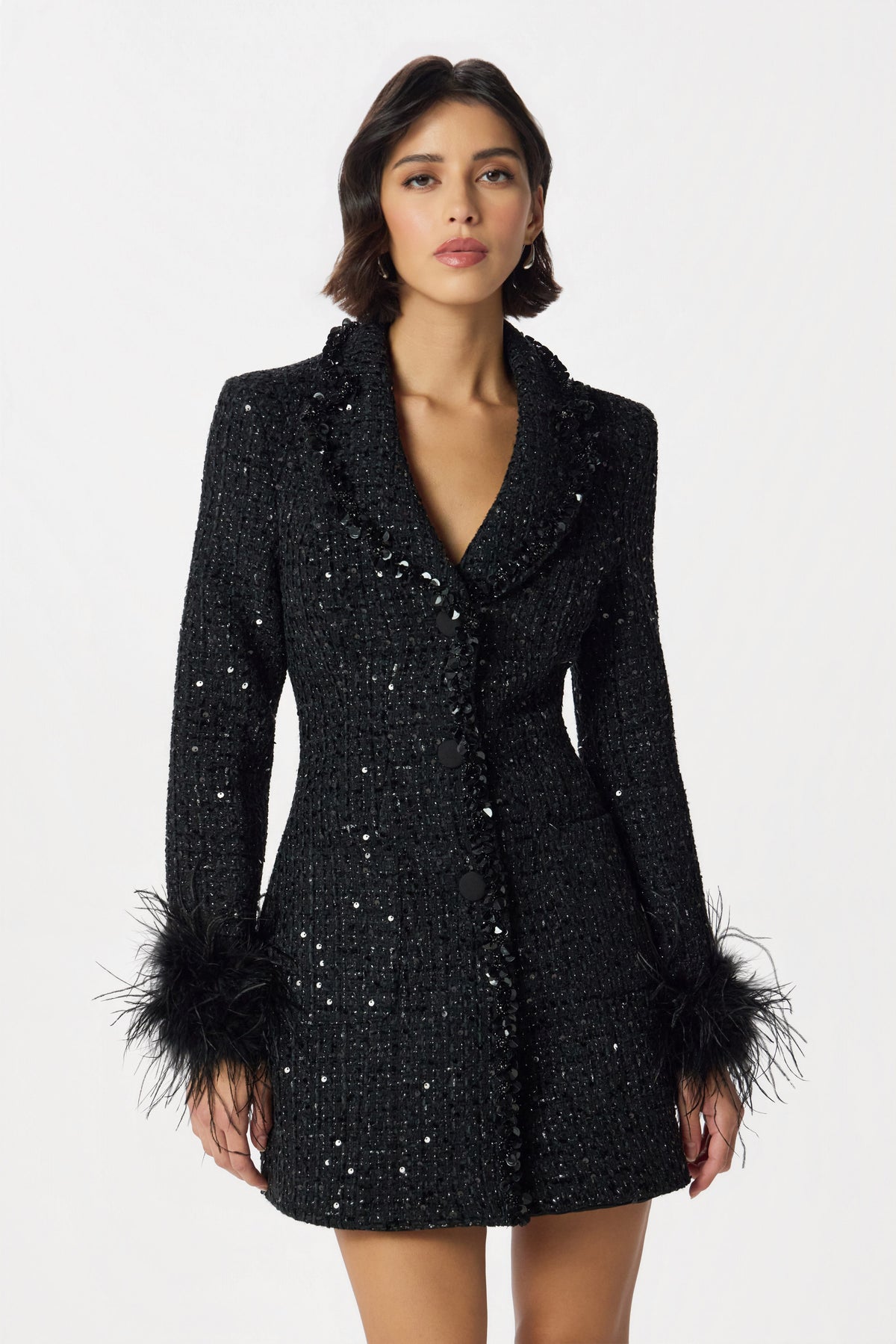 ELIANNA Embellished Boucle Blazer Dress in Black