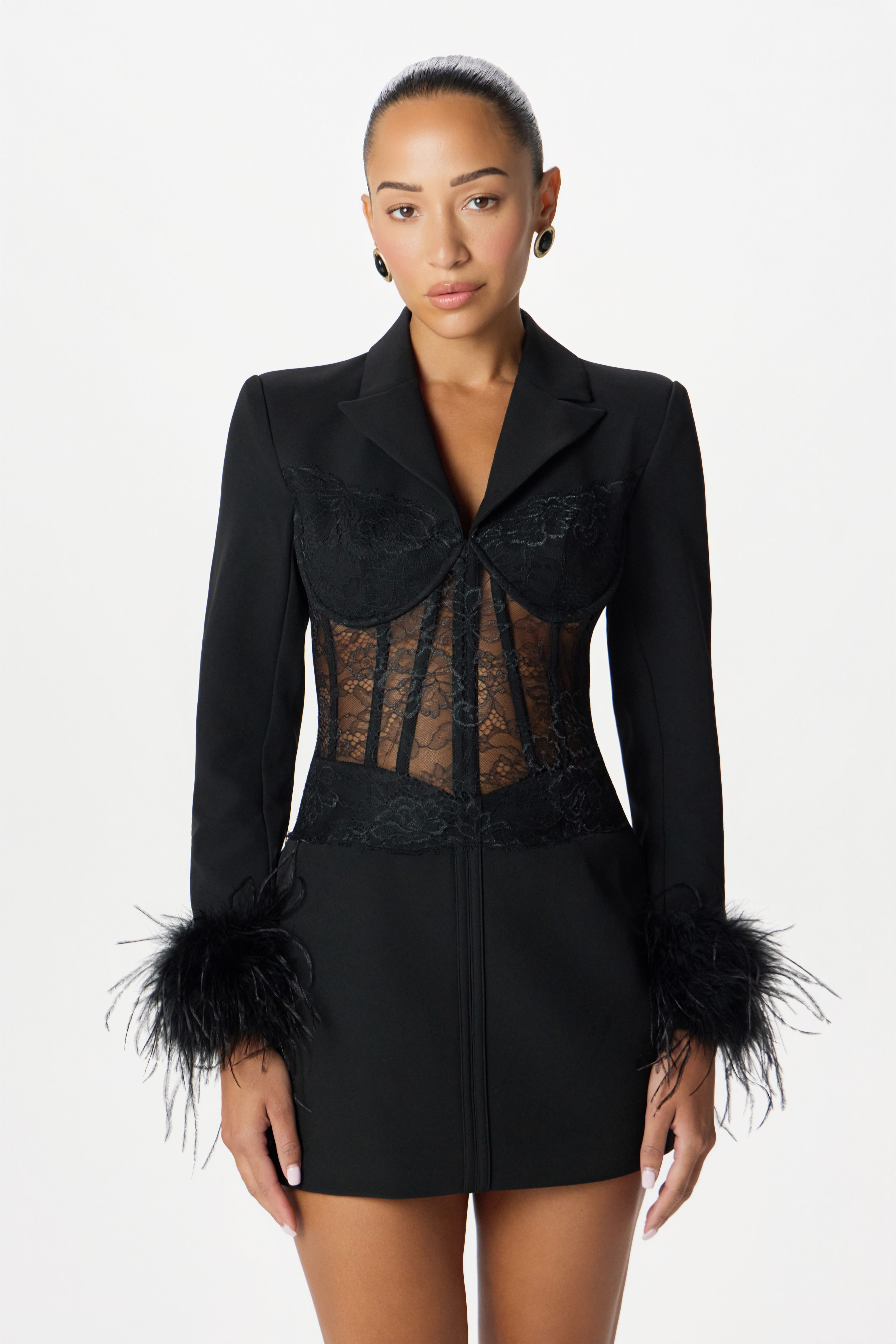 GIA Lace Feather Mini Dress in Black