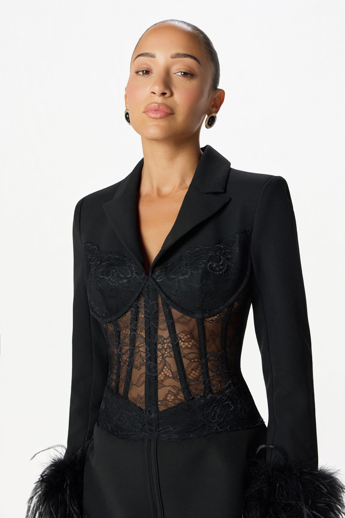 GIA Lace Feather Mini Dress in Black