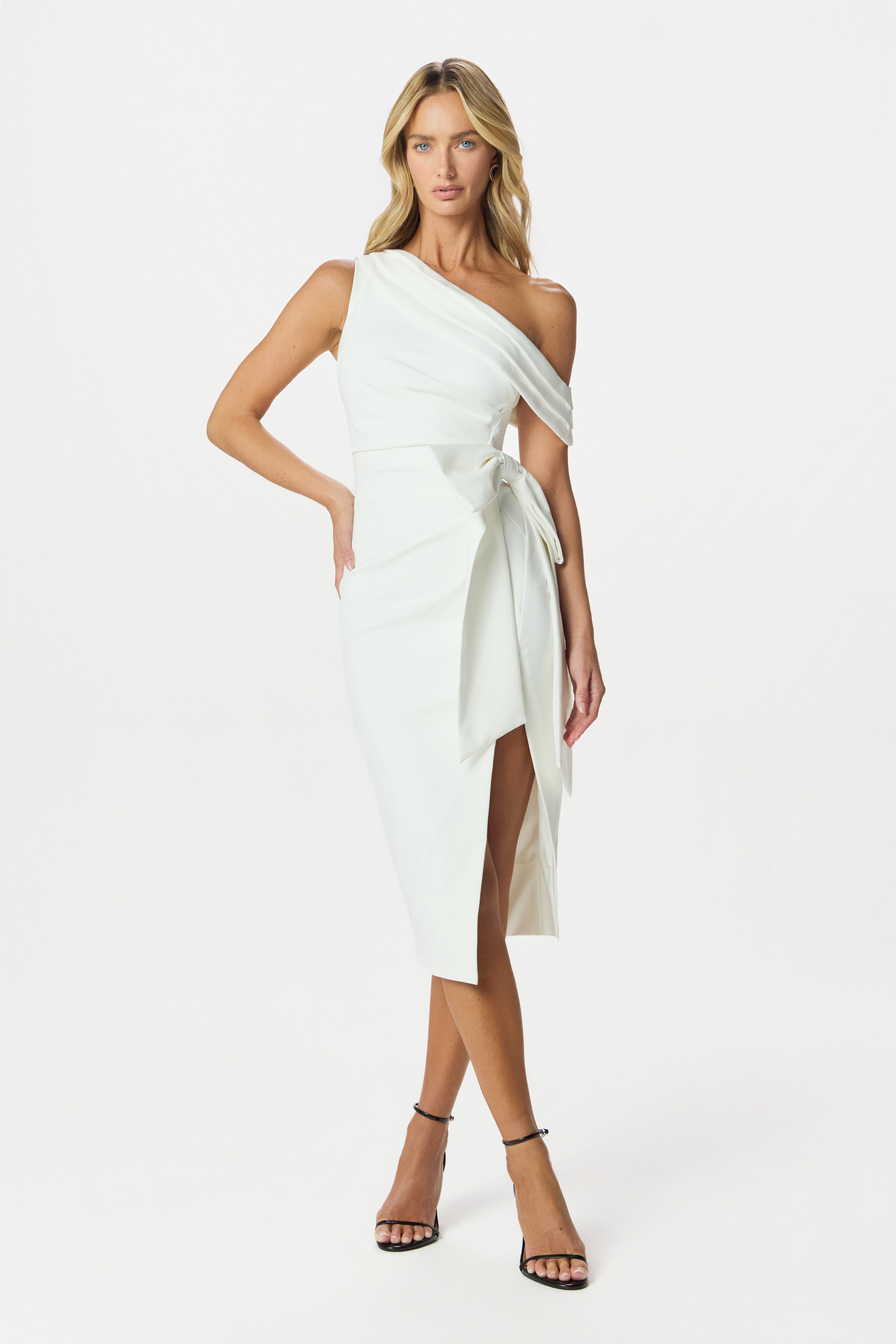 HONEY Asymmetric Midi Dress in White