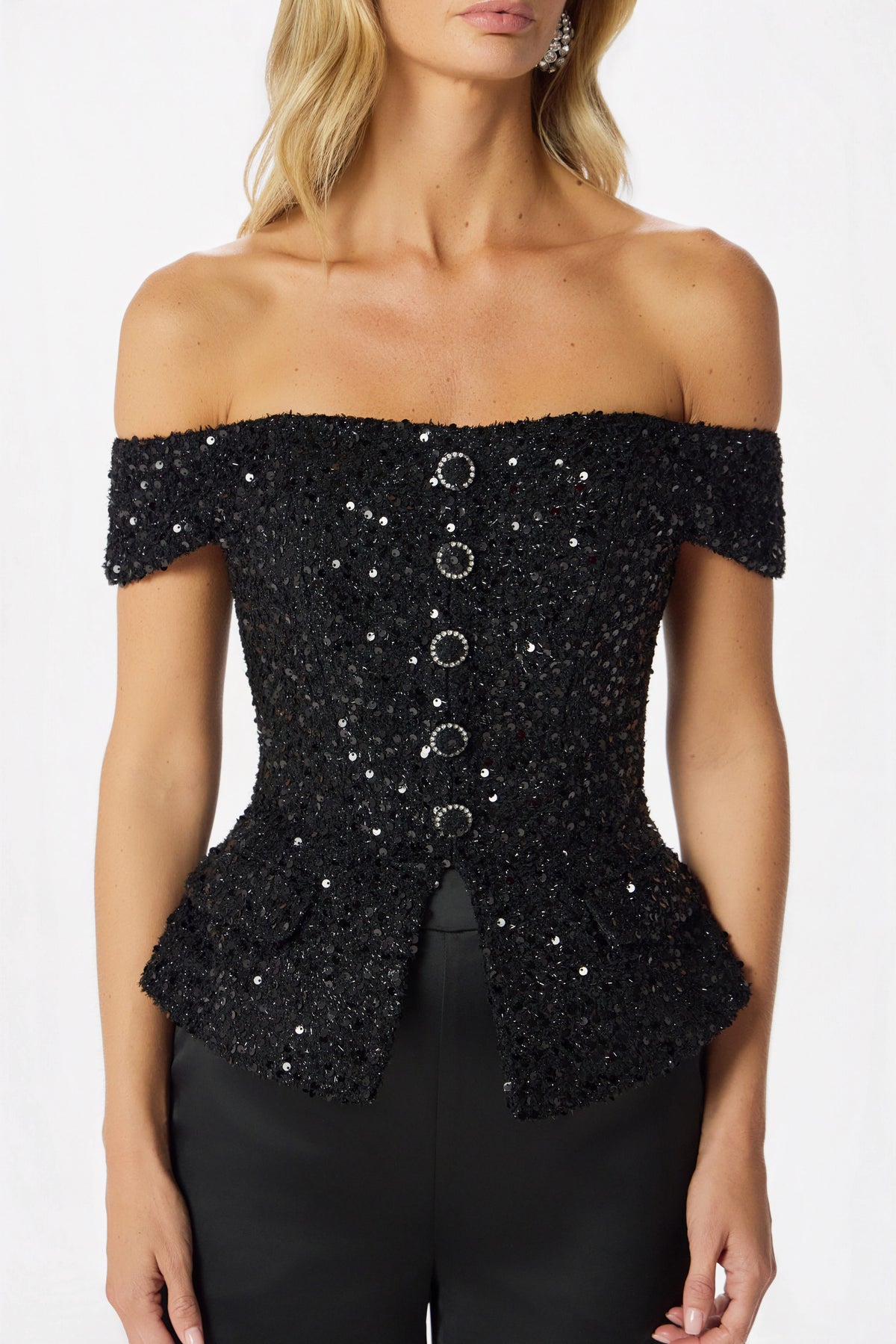 LEILA Embellished Boucle Top in Black