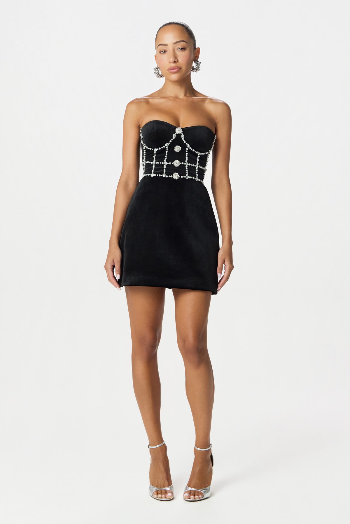 MASIE Embellished Velvet Mini Dress in Black