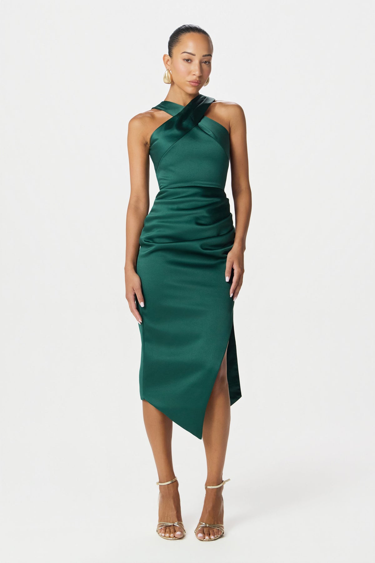 ROSE Satin Midi Dress in Emerald