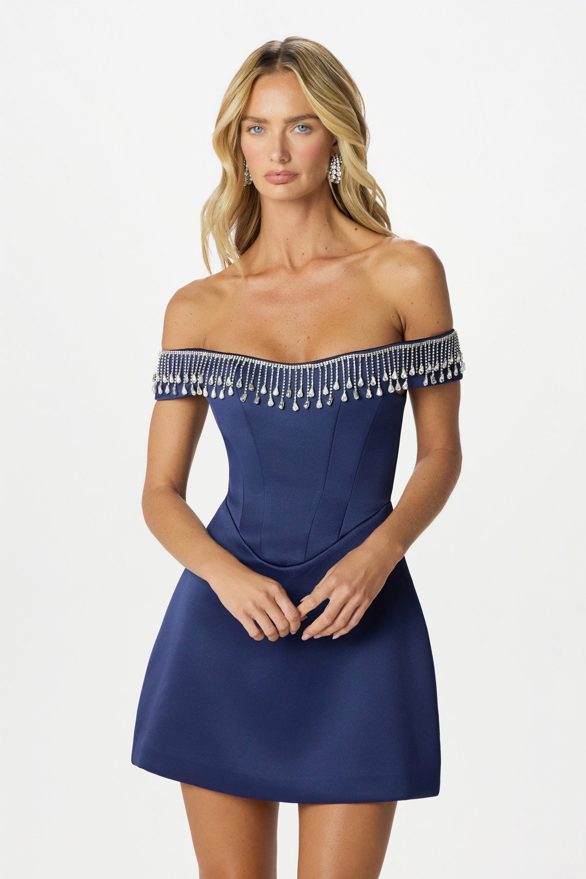 THEA Embellished Satin Mini Dress in Navy
