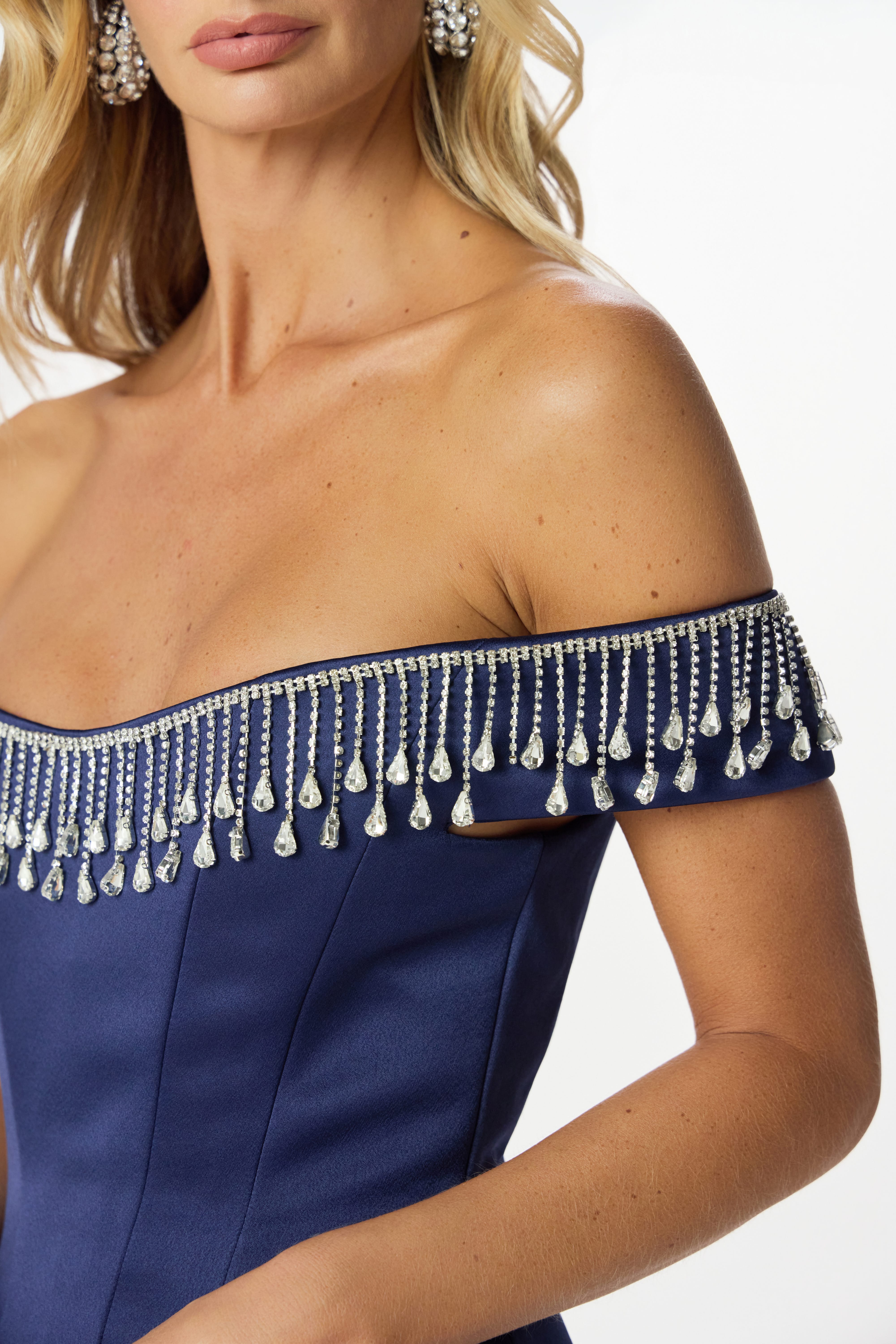THEA Embellished Satin Mini Dress in Navy