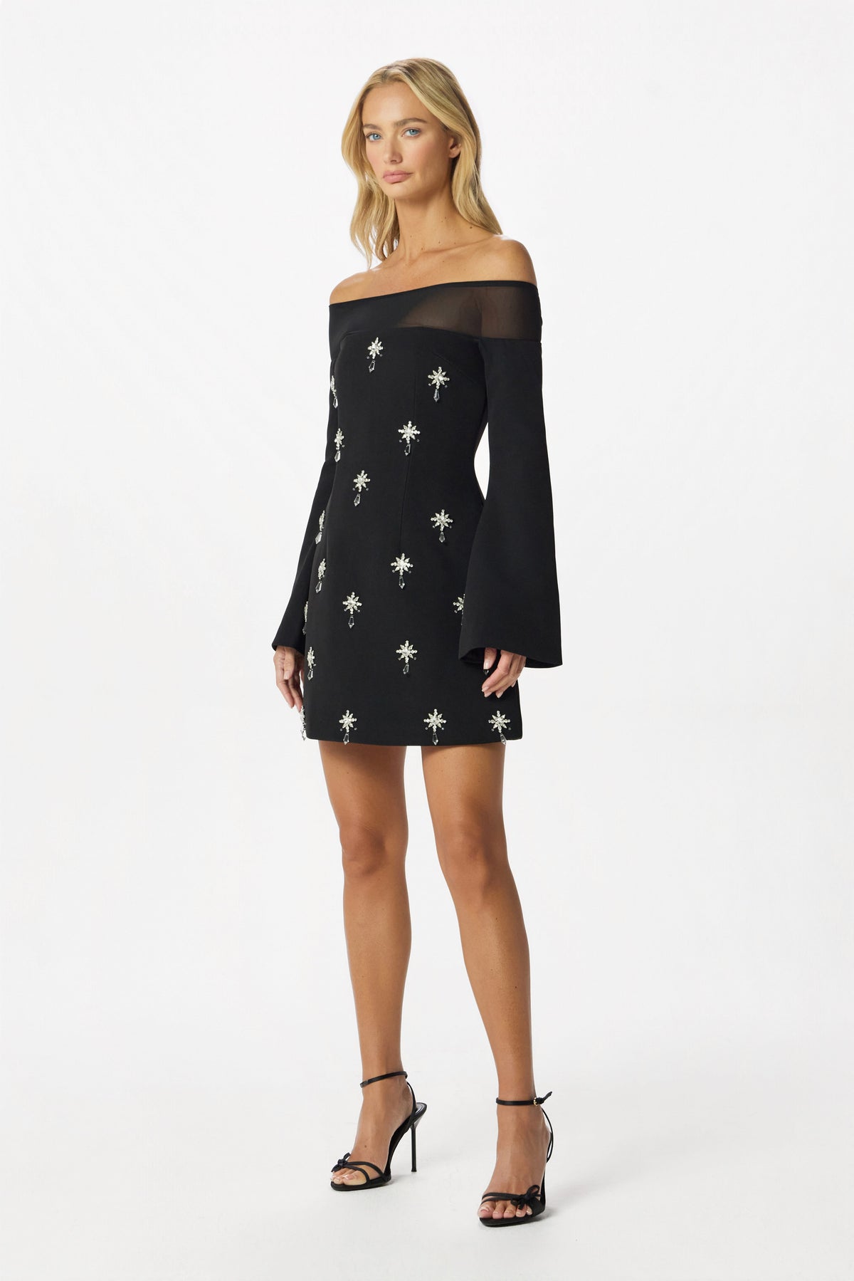 YASMIN Bardot Embellished Mini Dress in Black