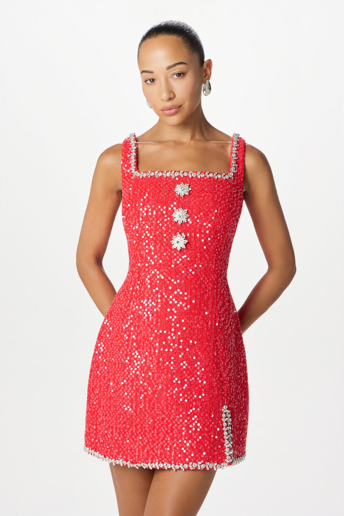 ZOEY Embellished Boucle Tulip Mini Dress in Red